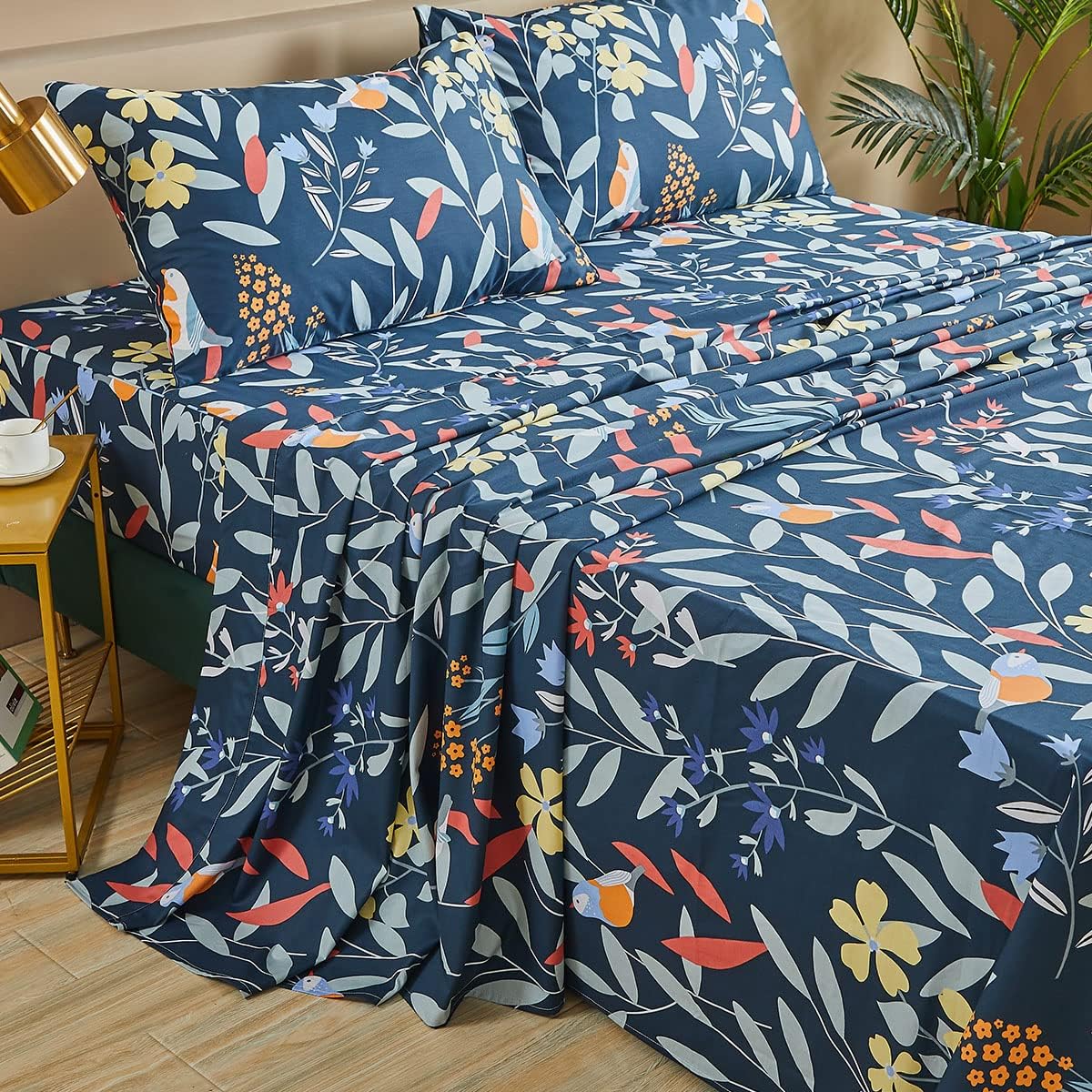 FADFAY Floral Leaves Sheet Set Queen, Premium 100% Cotton 600 TC Leaf Bed Sheets Bird Printed Navy Patterned Flower Farmhouse Bedding Botanical Branches Super Soft Luxury Deep Pocket Queen 4 Pcs