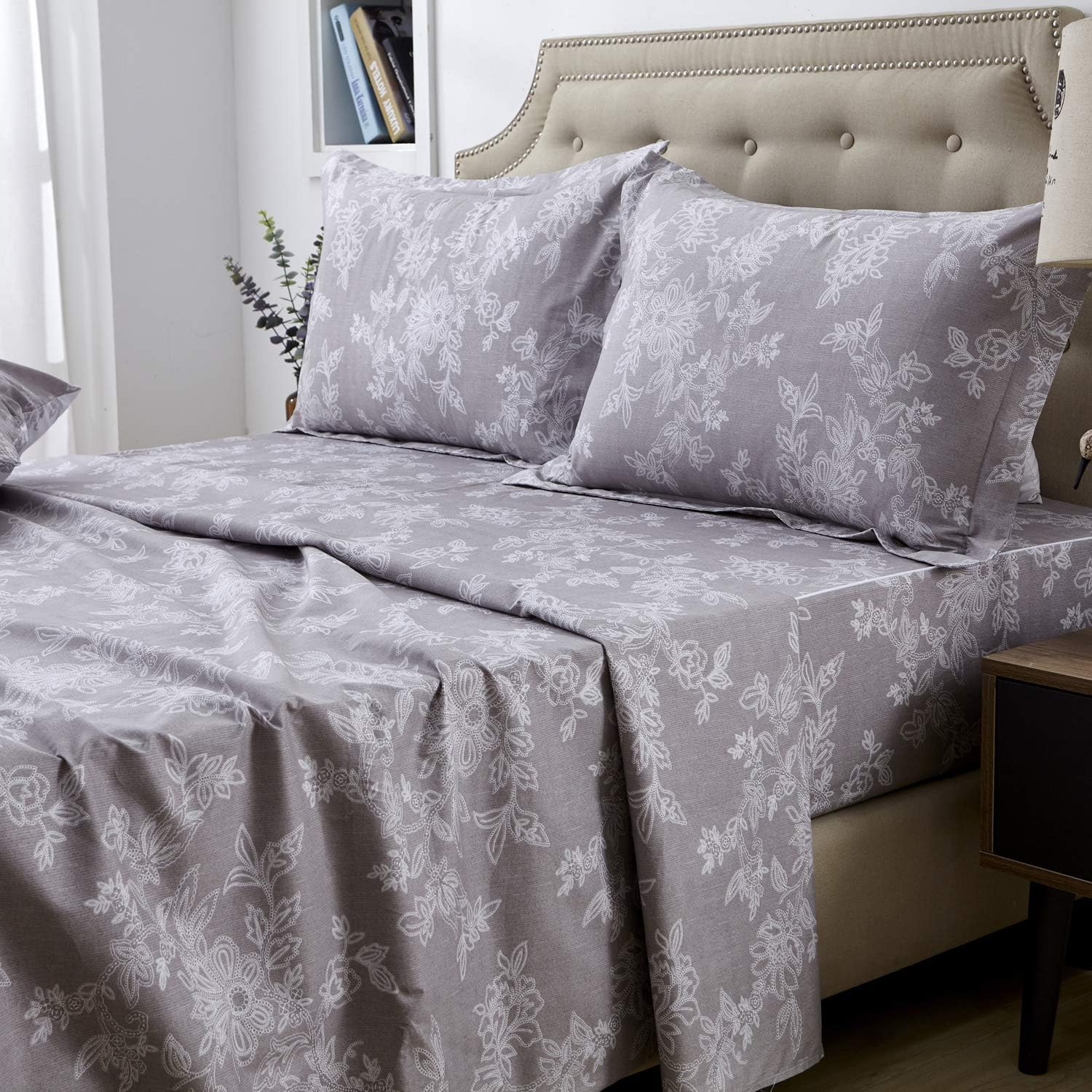 FADFAY Sheet Set Queen Farmhouse Bedding Shabby Floral Vintage Gray Bedding 100% Cotton Super Soft Hypoallergenic Grey and White Deep Pocket Fitted Sheet 4-Pieces Queen Size