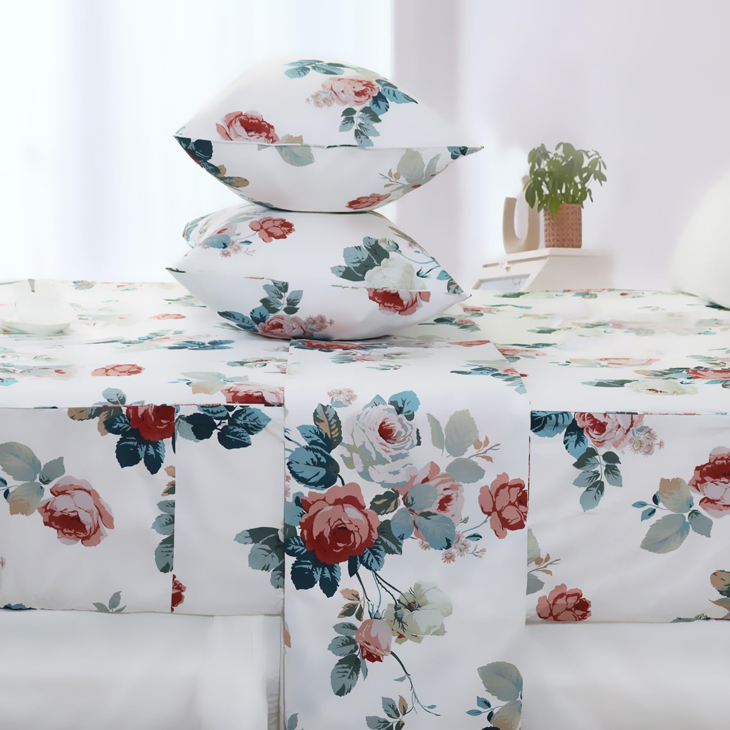 FADFAY Floral Cotton Sheets Queen 100% Cotton Flower Bed Sheets Pink White Dark Blue Leaf Print Shabby Vintage Sheet Set Chic Farmhouse Bedding Soft Crisp Breathable Deep Pocket Fitted Sheet 4Pcs