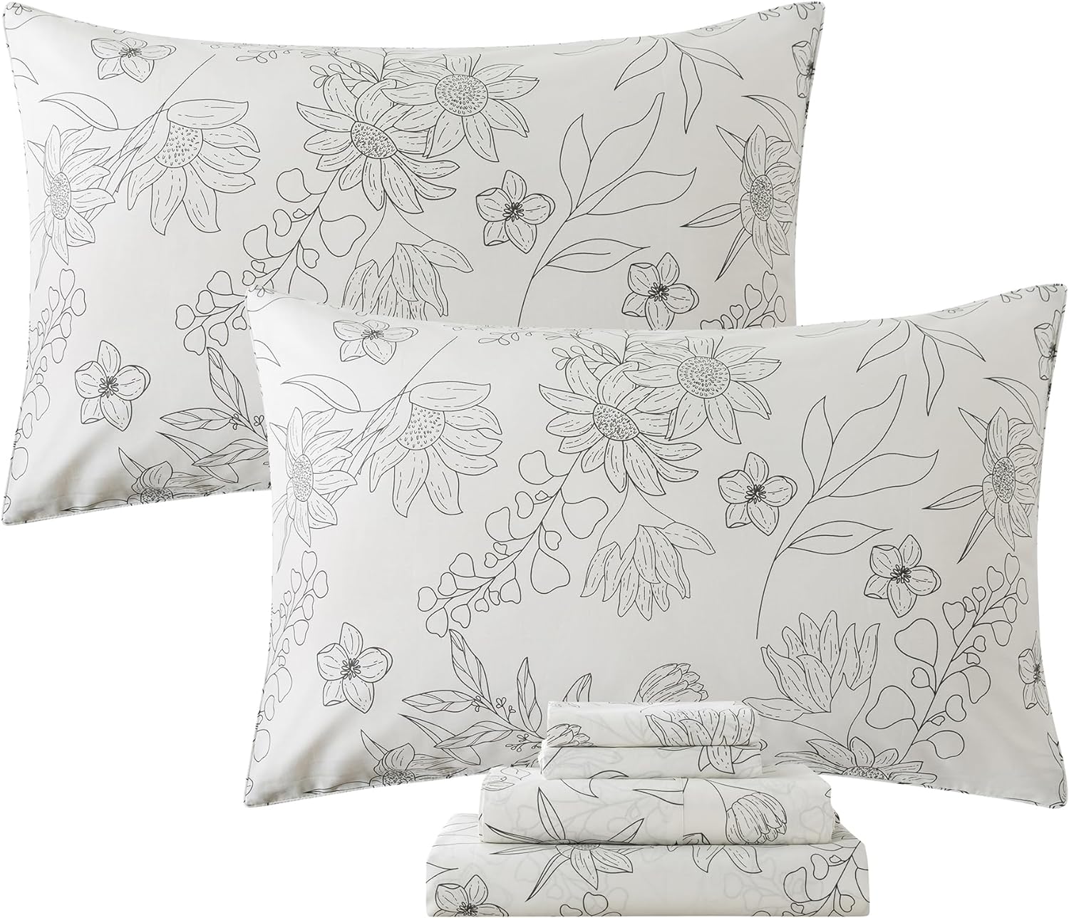 FADFAY Black and White Sheets Set Queen Vintage Sunflower Bedding Shabby White Floral Sheets Elegant Farmhouse Floral Bedding 100% Cotton Soft Bedding with Deep Pocket Fitted Sheet 4Pcs, Queen Size