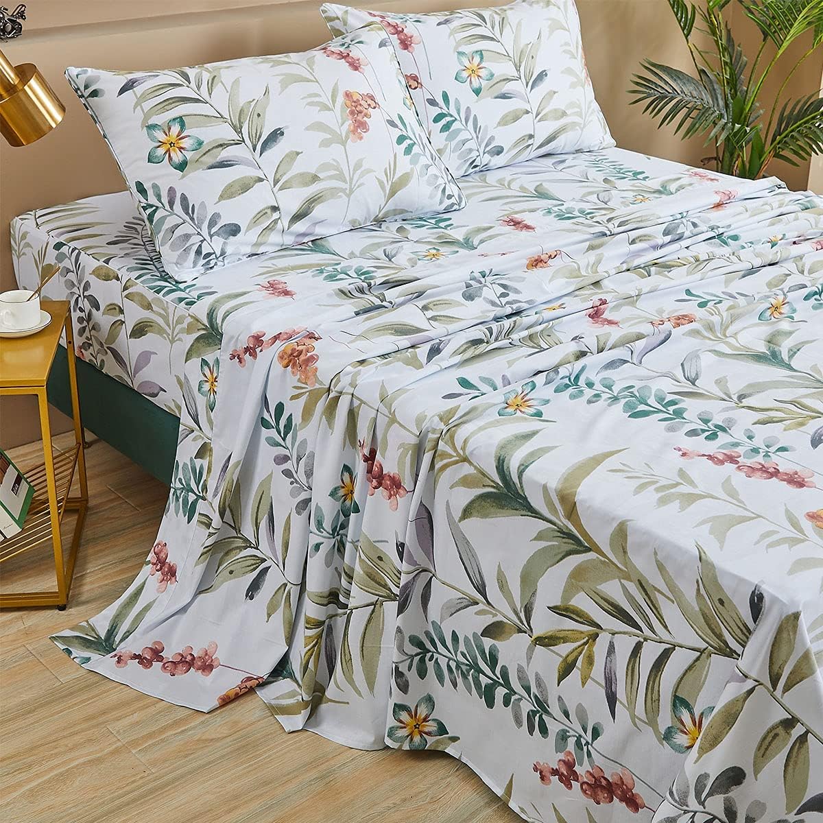 FADFAY Floral Leaves Sheet Set Queen, Premium 100% Cotton 600 TC Green Leaf & Teal Flower Watercolor Farmhouse Bedding, Super Soft Breathable Deep Pocket Bed Sheets Set, 4-Piece Queen