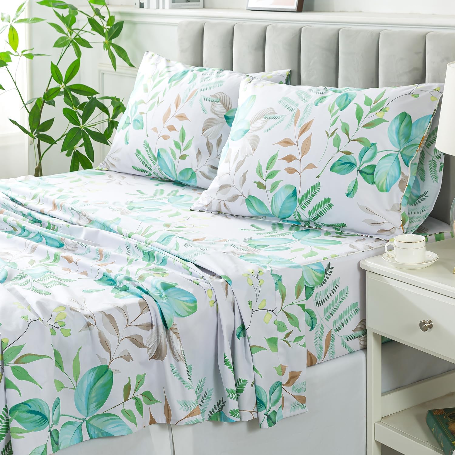 FADFAY Queen Sheet Set 100% Cotton Teal Green Leaf Pattern Printed Bed Sheets, Botanical Sheets Leaves Pattern Modern Minimalist Bedding, Soft Crisp & Cool Luxury Deep Pocket Fitted Sheet, 4Pc
