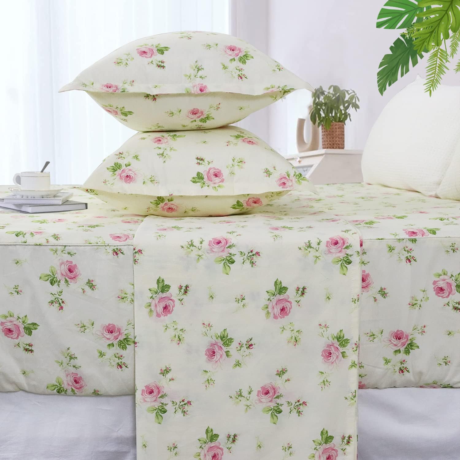 FADFAY Floral Sheets for Queen Size Bed Cotton Pink Rose Bed Shees Shabby & Chic Bedding Light Yellow Rosette Print Breathable Soft Luxury Deep Pocket Fitted Sheets 4Pcs,Queen
