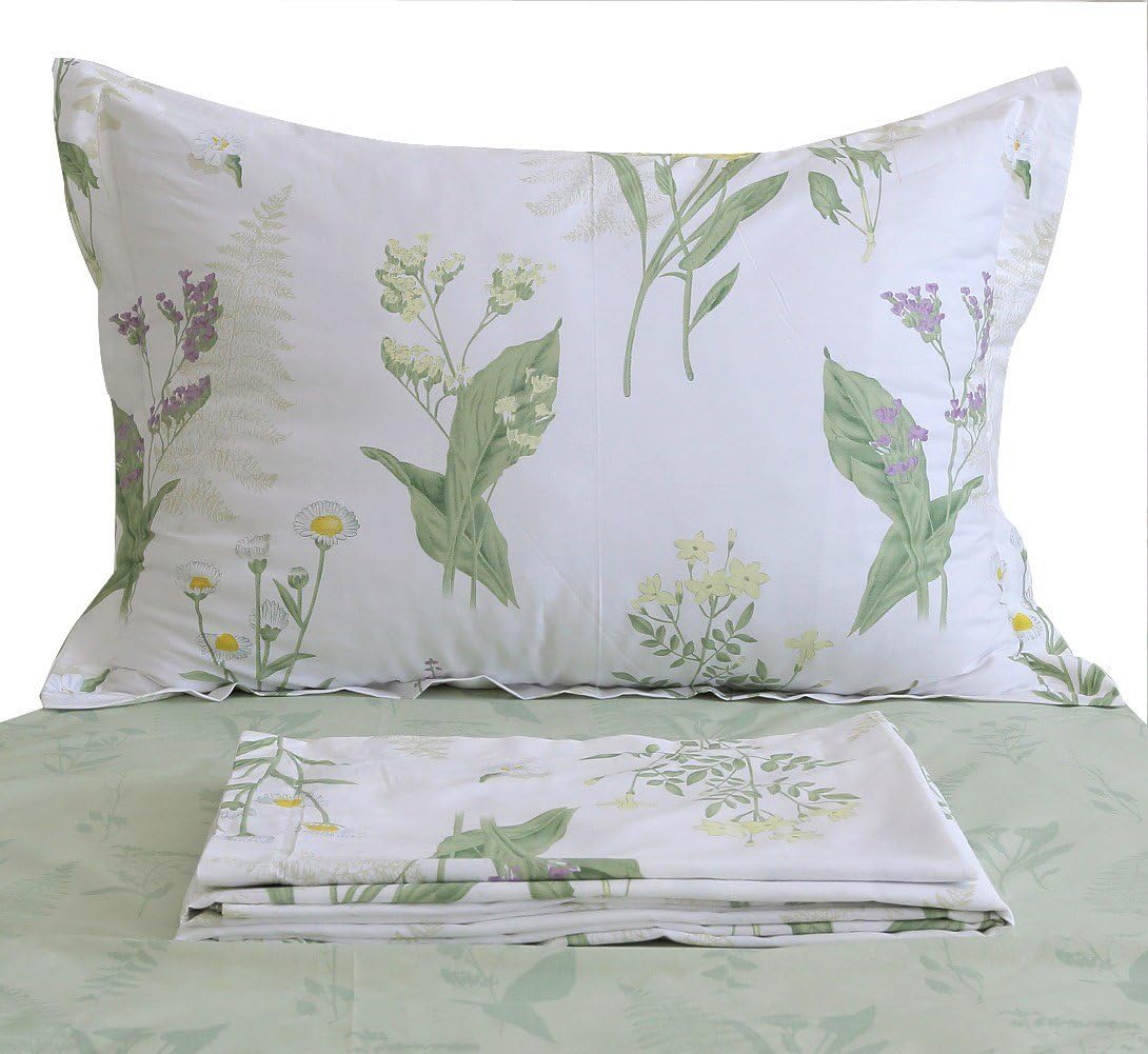FADFAY Green Floral Sheet Set Queen Premium 100% Cotton Botanical Sheets Lavender and Daisy Flower White Floral Bedding Pastoral Style Leaf Pattern Super Soft Deep Pocket Fitted Sheet 4-Pieces