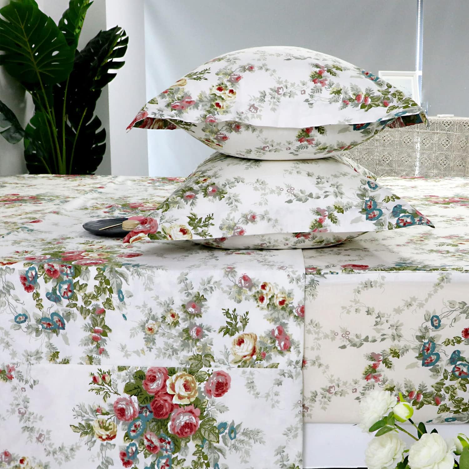 FADFAY Rose Sheets Floral Bed Sheets Queen 100% Cotton Off White Victorian Flower Printed Shabby Vintage Antique Bedding Soft Natural Cotton Deep Pocket Fitted Sheet 4Pcs, Queen