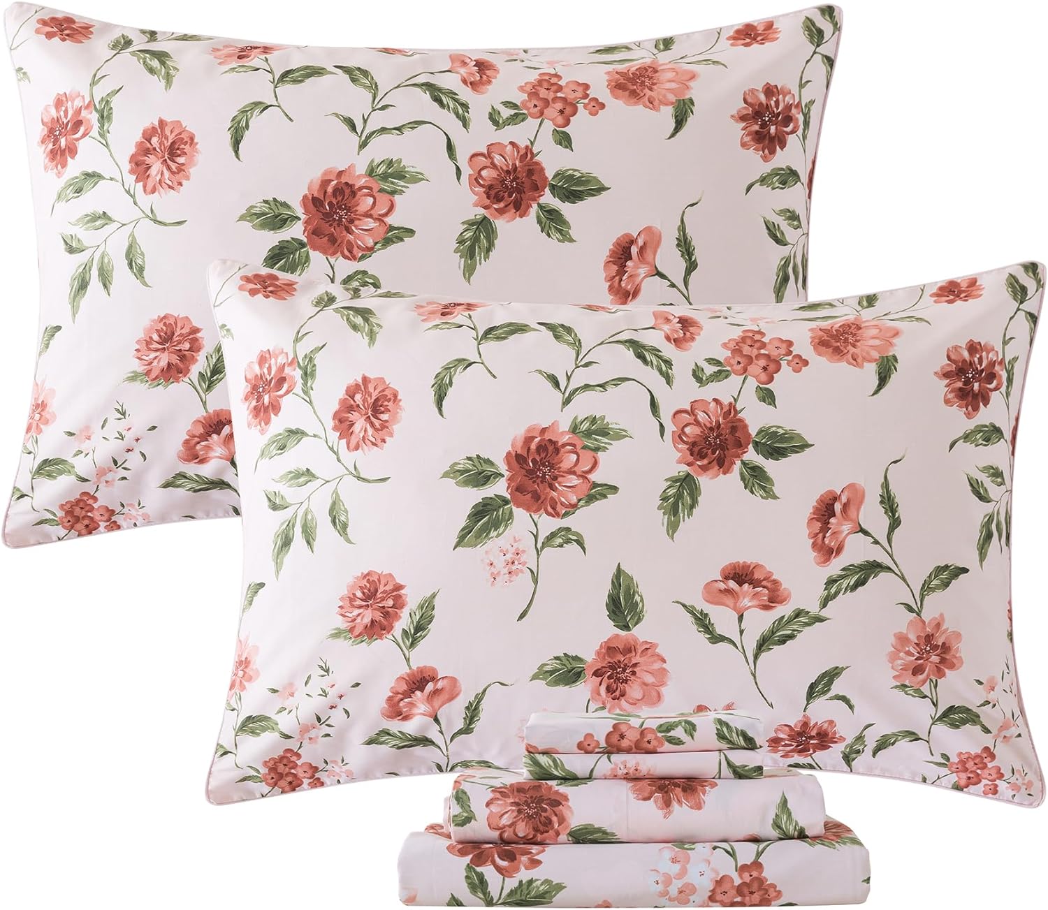 FADFAY Sheets Set Queen Rose Floral Bedding Shabby Pink Hydrangea Flower Bed Sheet Set Vintage Farmhouse Bedding 100% Cotton Soft Breathable Bedding with Deep Pocket Fitted Sheet 4Pcs, Queen Size