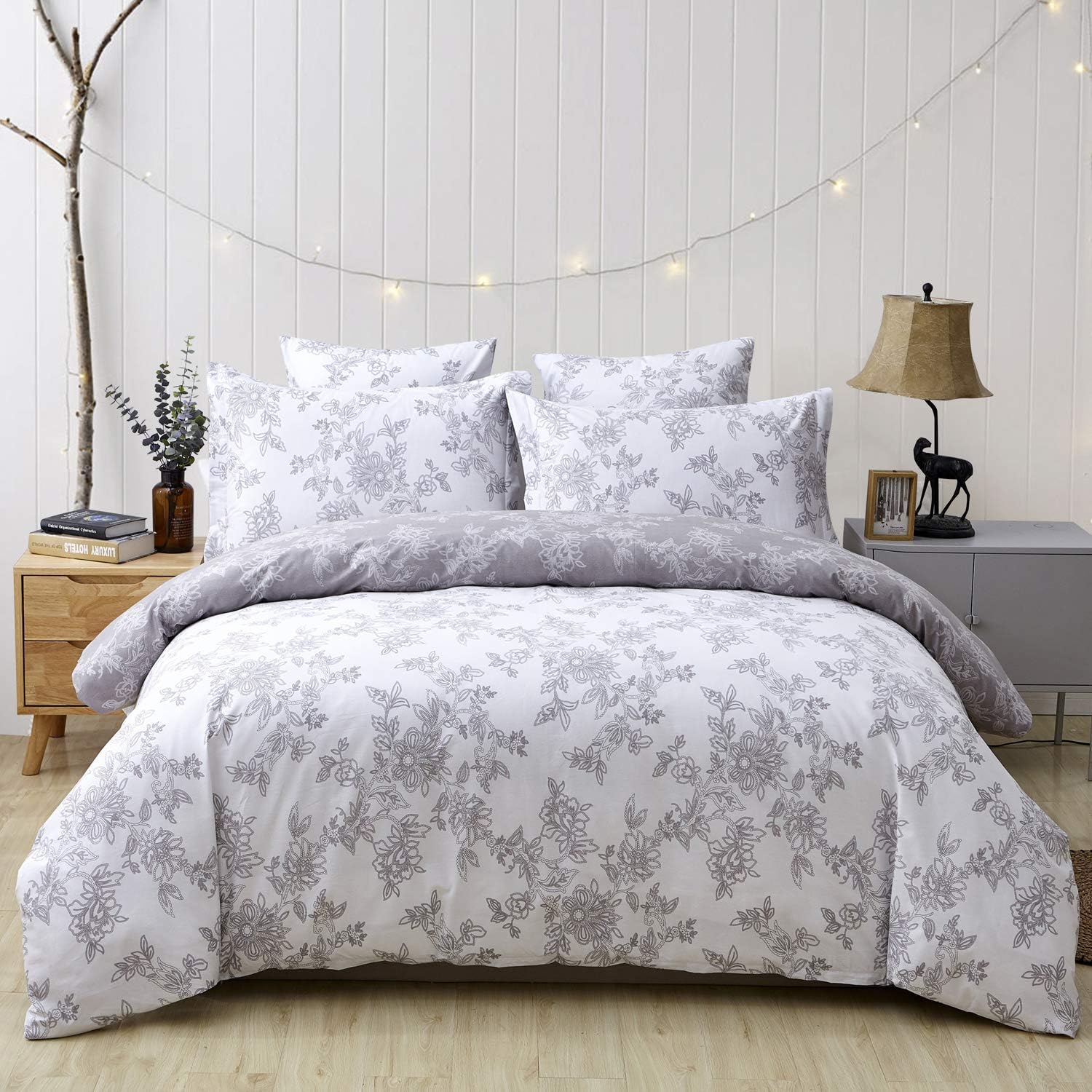FADFAY Reversible Duvet Cover Set Queen Size Vintage Floral 100% Cotton Ultra Soft Grey and White Bedding with Hidden Zipper Closure 3 Pieces, 1Duvet Cover & 2Pillowcases