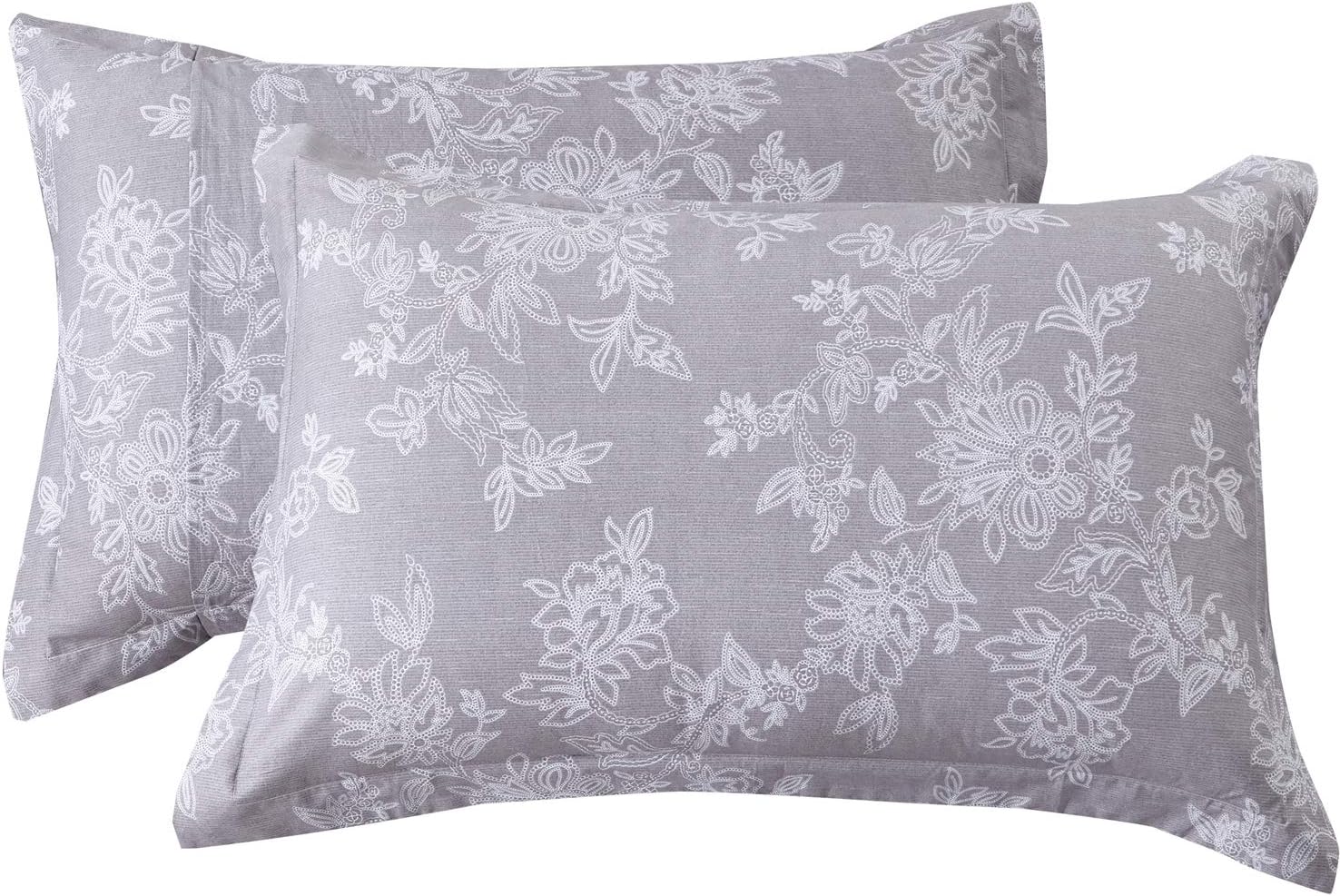 FADFAY 20X36 Pillowcase Vintage Grey Floral Shams 100% Cotton Pillow Covers, 2Pcs, King/Cal King Size