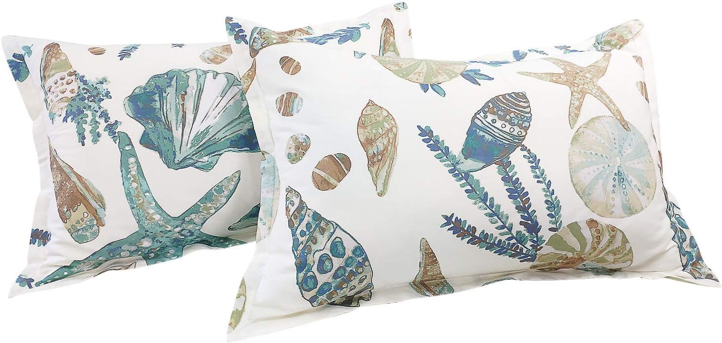 FADFAY 20X30 Pillowcase Beach Themed Seashells and Starfish Print Shams 100% Cotton Pillow Covers, 2Pcs, Standard Size (Twin/Full/Queen)