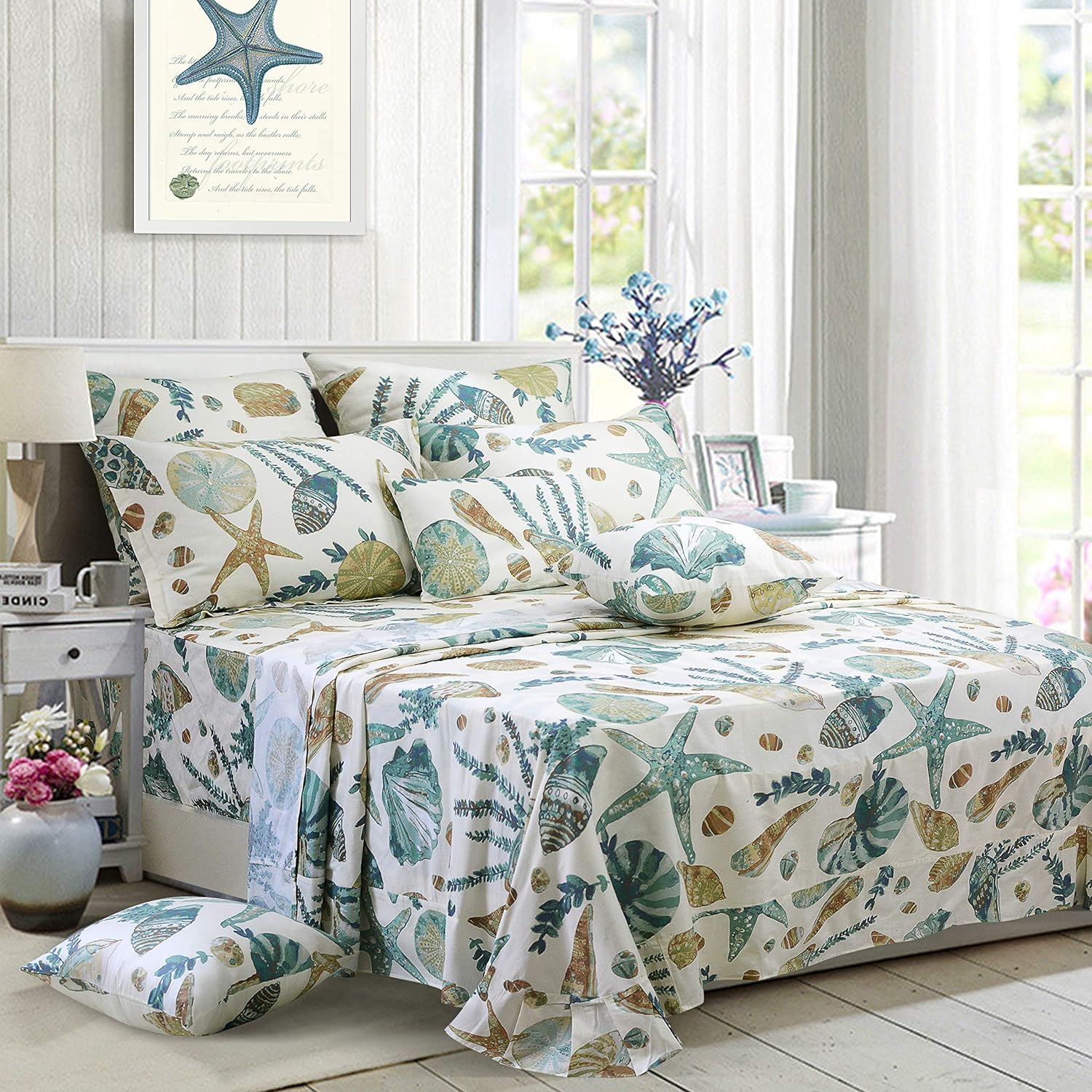 FADFAY Sheet Set Queen Beach Themed Bedding Sets 100% Cotton Super Soft Coastal Bedding White Teal Seashells and Starfish Nautical Bedding with Deep Pocket Fitted Sheet 4-Pieces Queen Size