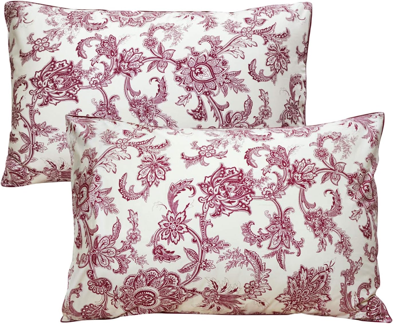 FADFAY 800 Thread Count 100% Egyptian Cotton Elegant Peony Print Pillowcases (Standard Size 19 29inch, Red)