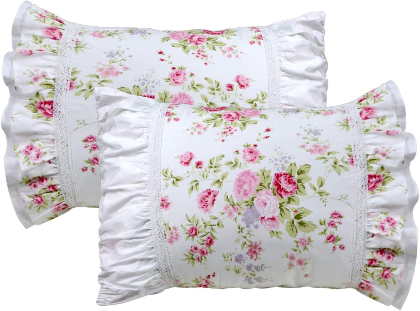 FADFAY Shabby Pink Rose Floral Print Pillowcases Elegant Country Style Vintage Lace Ruffles Bedding Pillow Covers Standared Size 19 x 29