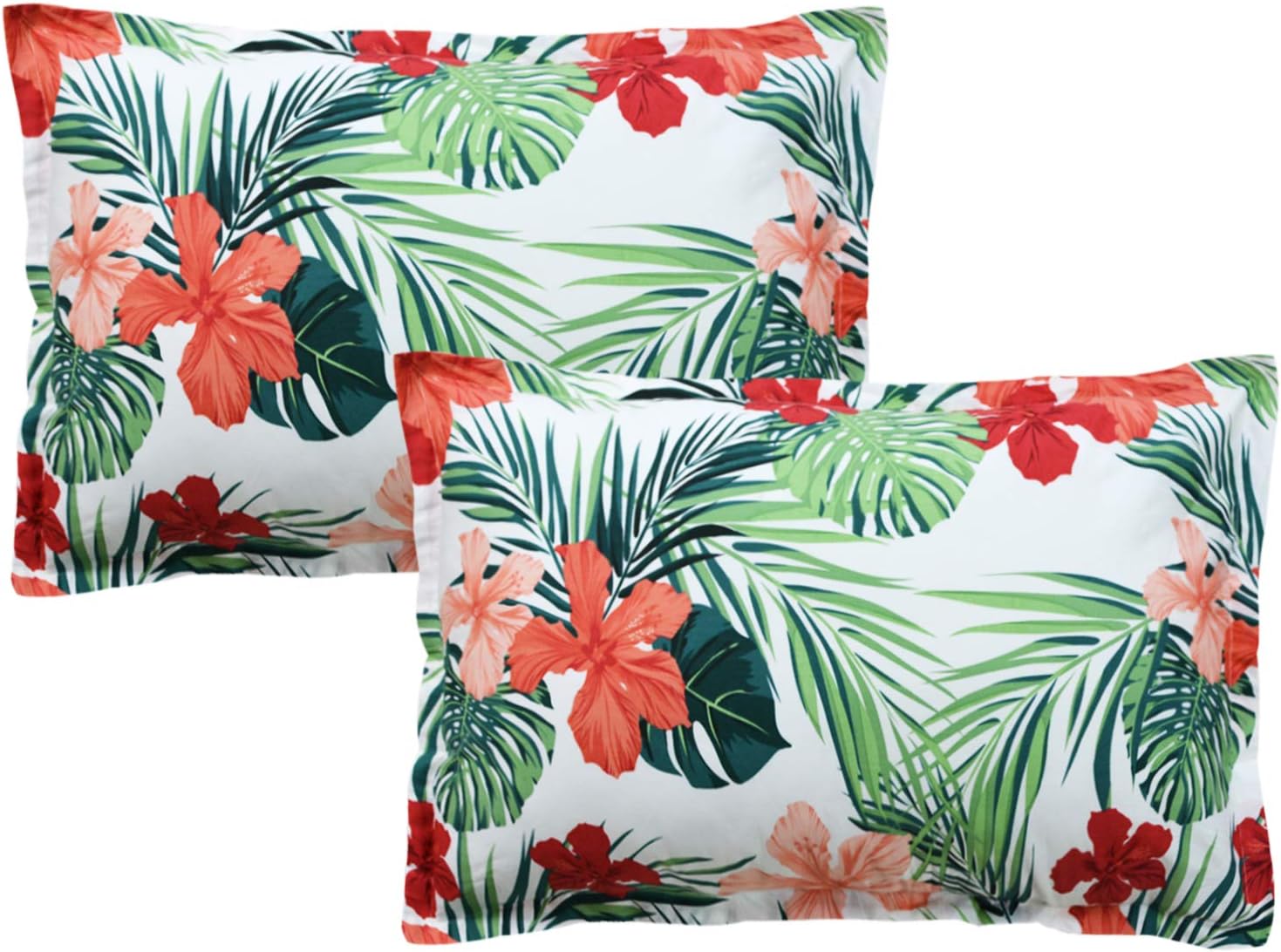 FADFAY Pillow Shams Hawaiian Style Red Hibiscus Palm Leaves Pillowcases 100% Cotton Super Soft Hypoallergenic with Hidden Zipper Closure,2-Pieces Standard Size 20* 29