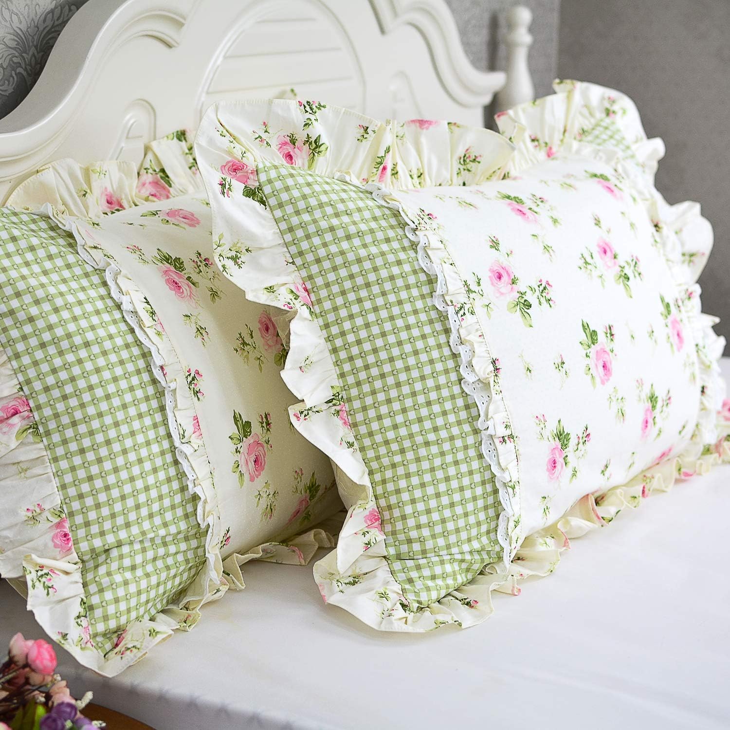 FADFAY Farmhouse Style Pillowcases Pink Rosetta Printed Gold with Green Plaid Elegant Country Style 100% Cotton Vintage Lace Ruffles Bedding Pillow Covers Exquisite Craft Standared Size 19 x 29