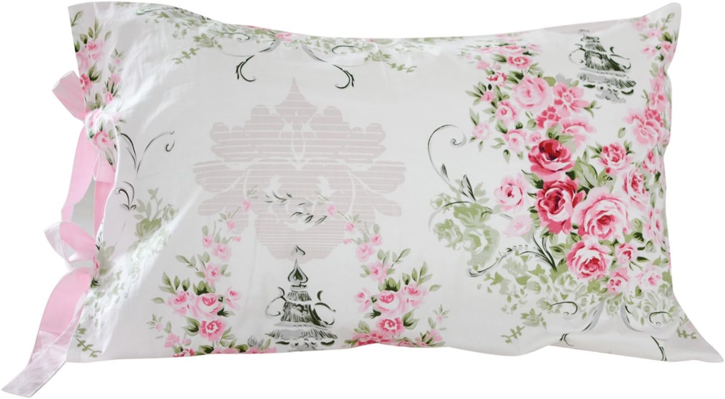 FADFAY Cotton Decorative Pillowcase Rose Floral Pattern Pillow Covers, 2 Pcs(Pink)