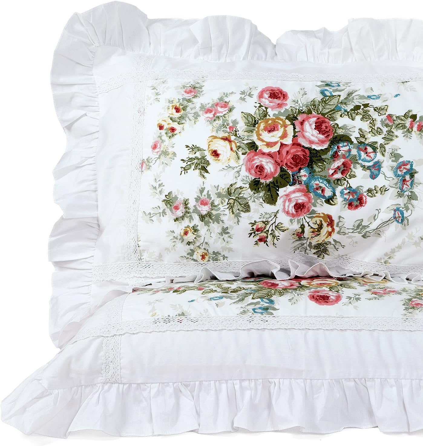 FADFAY Shabby Pink Rose Floral Print Pillowcases Elegant Country Style Vintage Lace Ruffles Bedding Pillow Covers Standard Size 19 x 29 (Twin/Full/Queen, Vintage Rose)