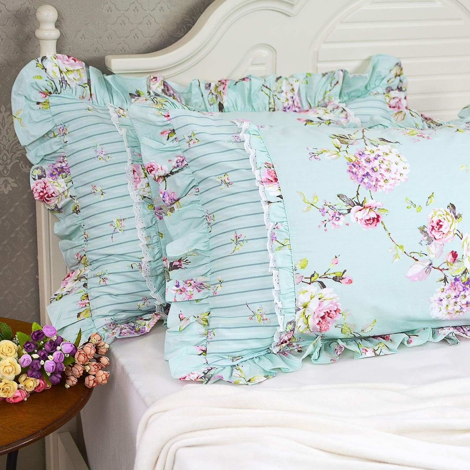 FADFAY Farmhouse Style Pillowcases Rose and Hydrangea Blue-Green Stripe Elegant Country Style 100% Cotton Vintage Lace Ruffles Bedding Pillow Covers Exquisite Craft Standared Size 19 x 29