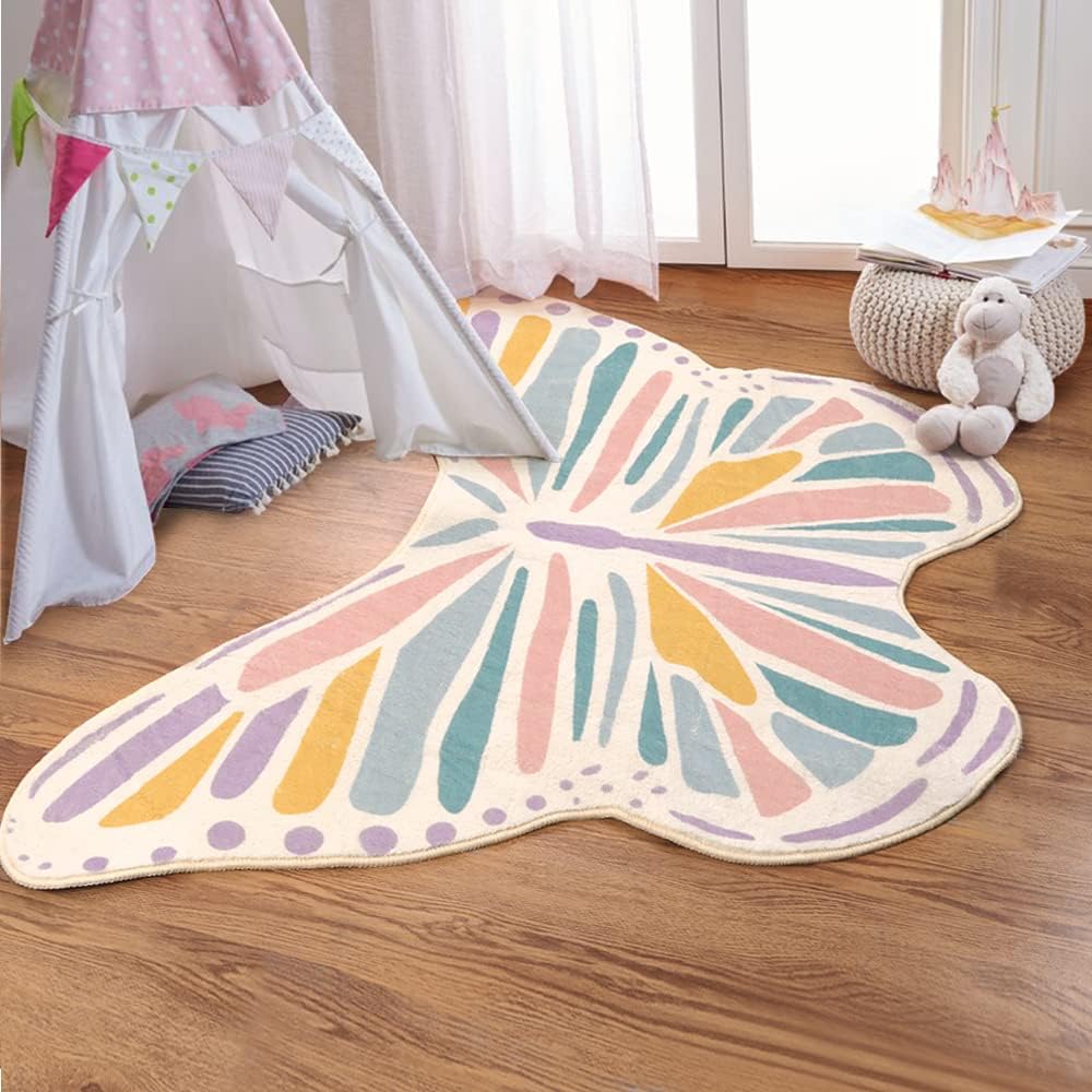 Lukinbox Butterfly Kids Rugs for Girls Bedroom Ultra Soft Kids Play Mat for Kids Room, Colorful Non Slip Nursery Area Rug for Playroom, 3' x 4'