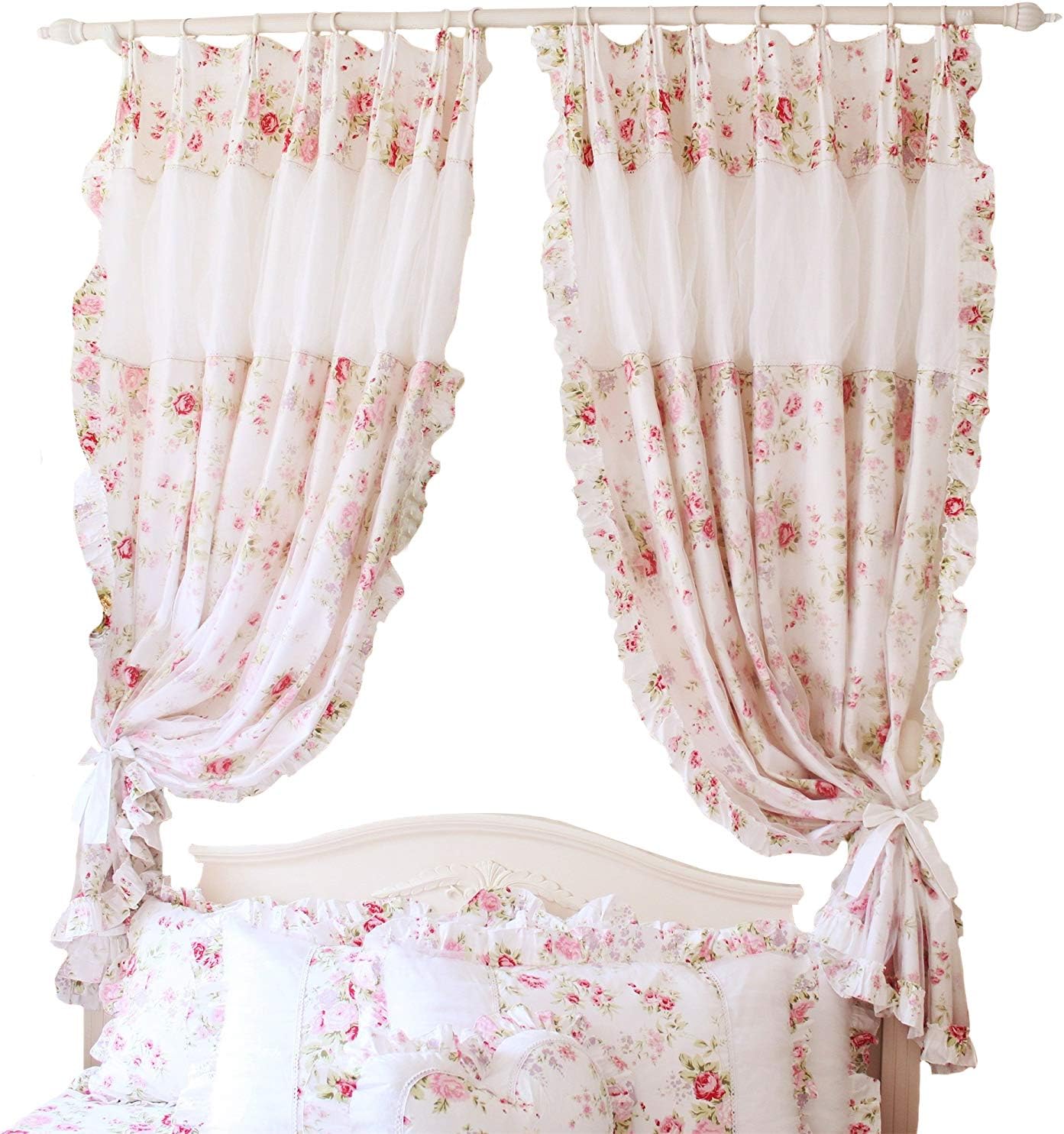 FADFAY White Lace Fancy Sheer Curtain Romantic Girls Princess Curtain Pink Floral Curtain Panels Bedroom Floral Windowtreatment(Two Panels)
