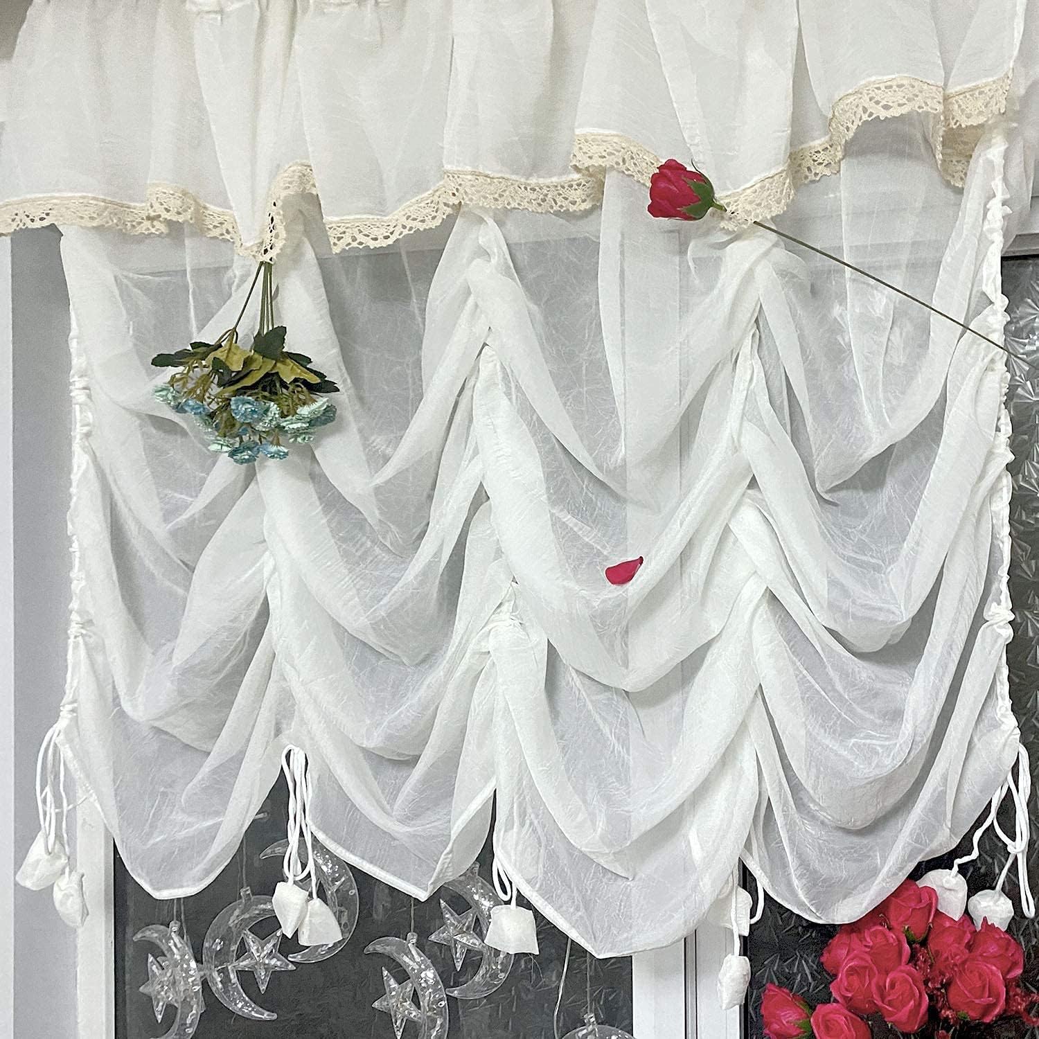 FADFAY Sheer Curtain 78x59 Attached Valance Farmhouse White Lace Balloon Curtain Adjustable Tie-Up Curtain Shades, 1 Panel Door Curtain Shabby Tulle Curtain for Window