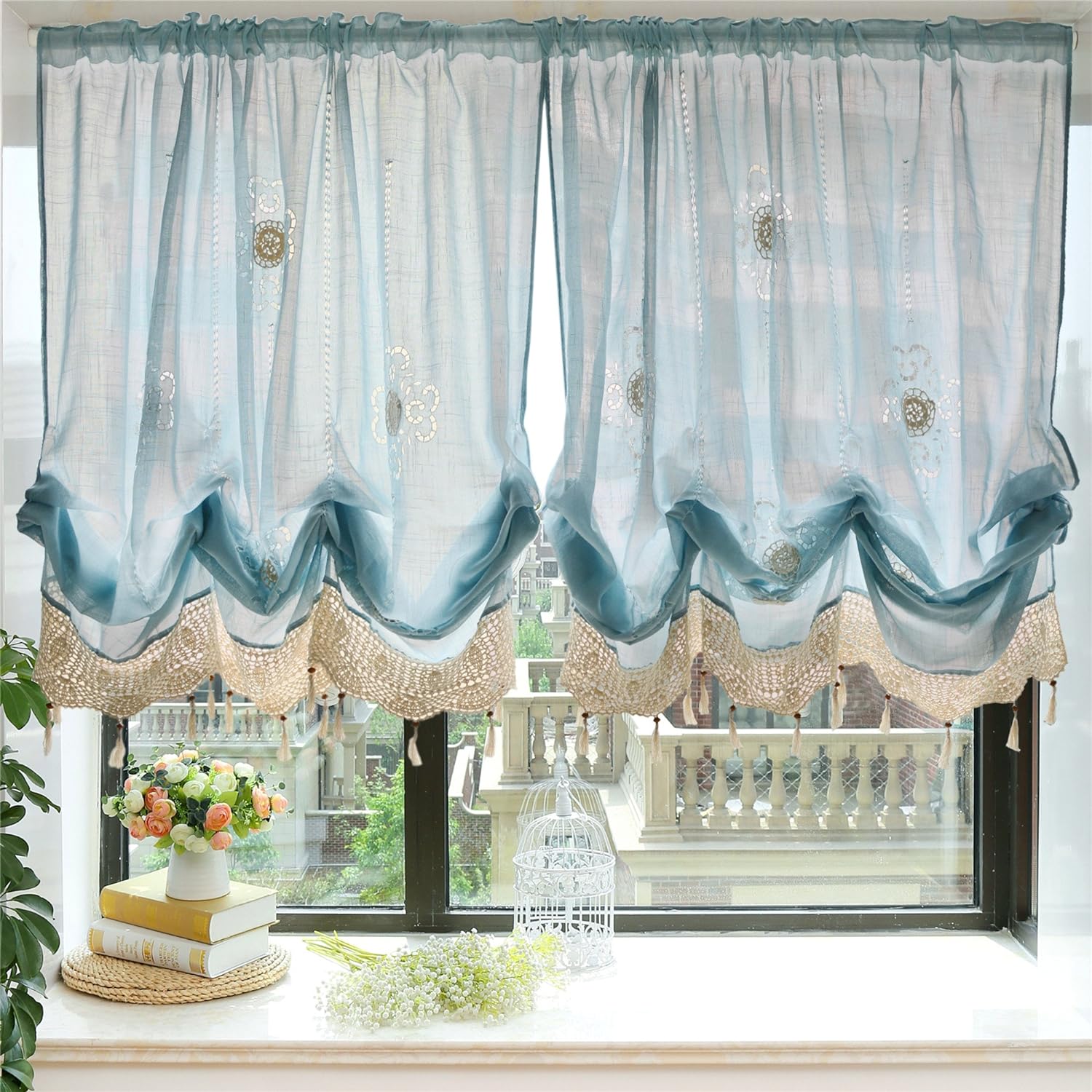 FADFAY Pastoral 57-Inch-by-69-Inch Adjustable Balloon Manual Hook Flower Shade Curtain, Light Blue, 1 Panel