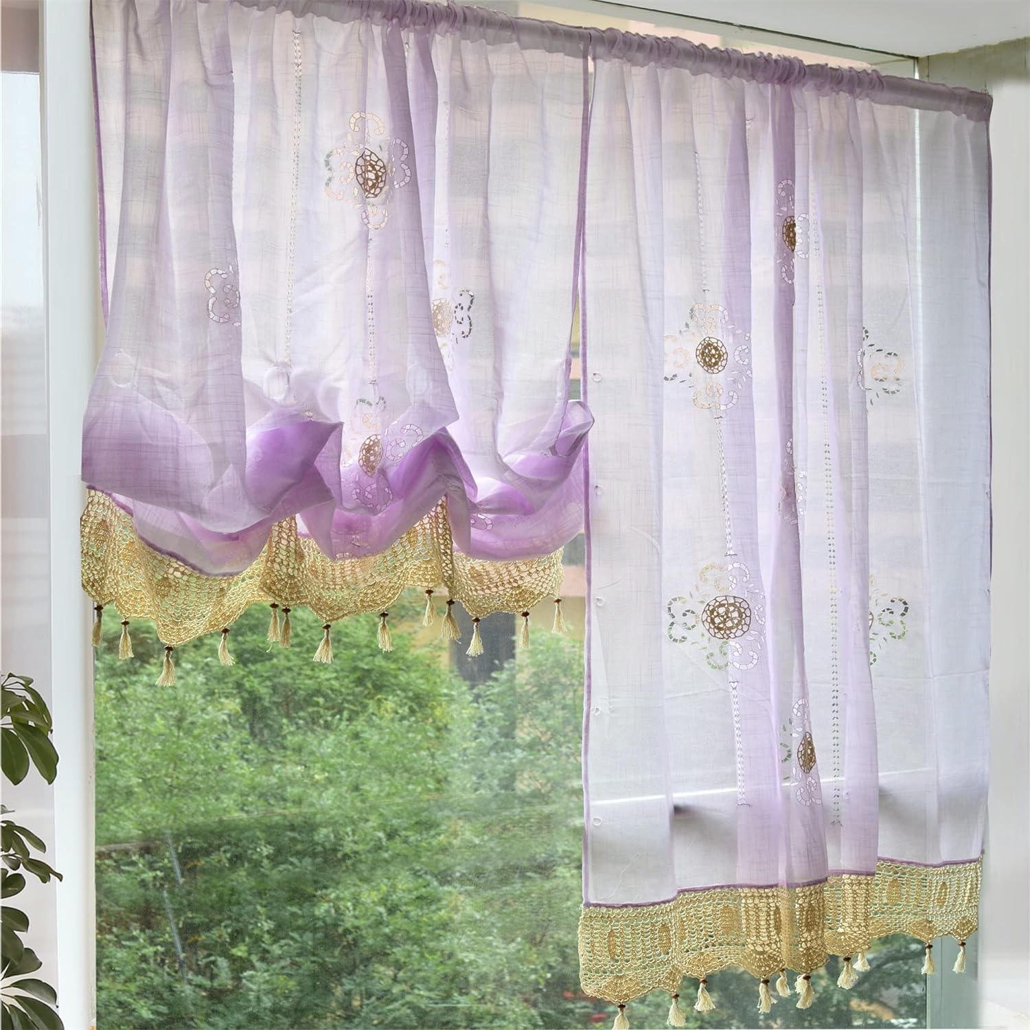 FADFAY Light Purple Embroidered Curtains for Living Room Balloon Curtain with Tassels Floral Window Drapes for Girls Stylish Single Layer Room Darkening Curtains for Bedroom (57 W, 69 H)