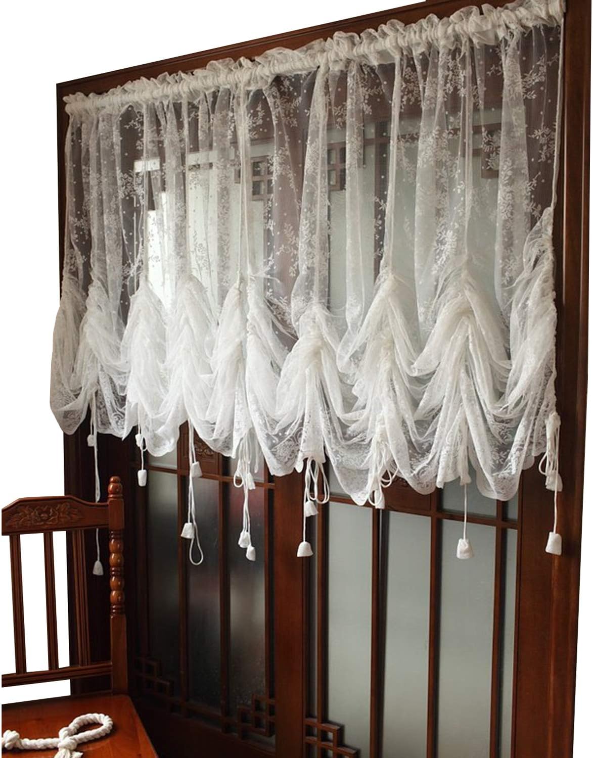 FADFAY Lace Balloon Curtain White Adjustable Tie-Up Curtain Shade, Embroidered Semi Sheer Farmhouse Drape for Living Room Bedroom Dining Room, 1 Panel Floral Tulle Curtains for Windows-78''59''