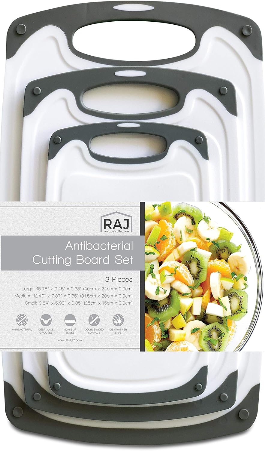 Raj Plastic Cutting Board Reversible Cutting board, Dishwasher Safe, Chopping Boards, Juice Groove, Large Handle, Non-Slip, BPA Free (Set of Three, Gray)