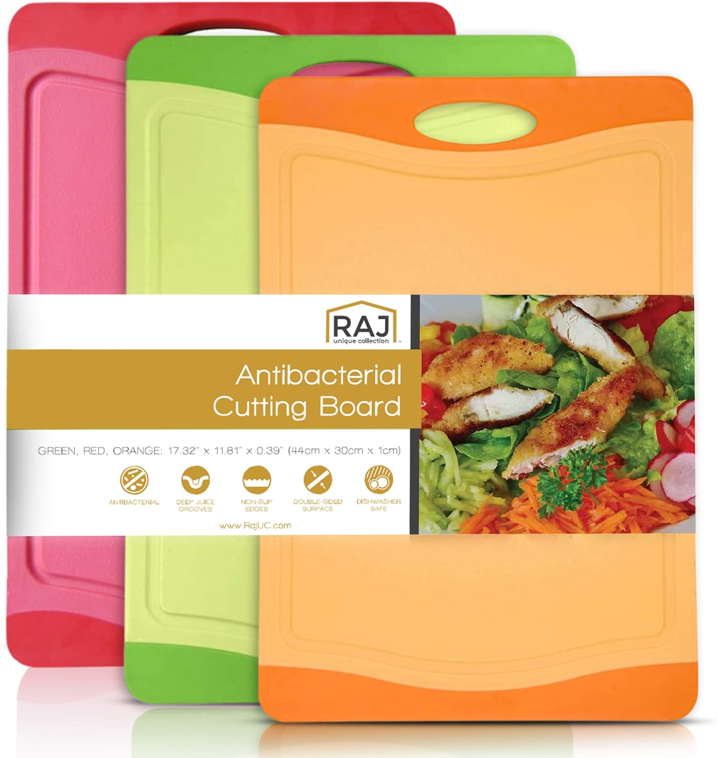 Raj Plastic Cutting Board Reversible Cutting board, Dishwasher Safe, Chopping Boards, Juice Groove, Large Handle, Non-Slip, BPA Free (X-Large, Red, Green & Orange)