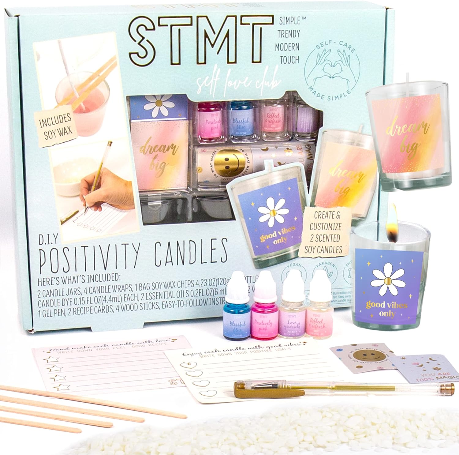 STMT Self-Love Club D.I.Y Positivity Candles, DIY Candle Kit Soy Wax, Create 2 Scented Soy Candles, Includes Soy Wax Chips, Wicks, Essential Oil, Stickers, Candle Wraps & More, Multi