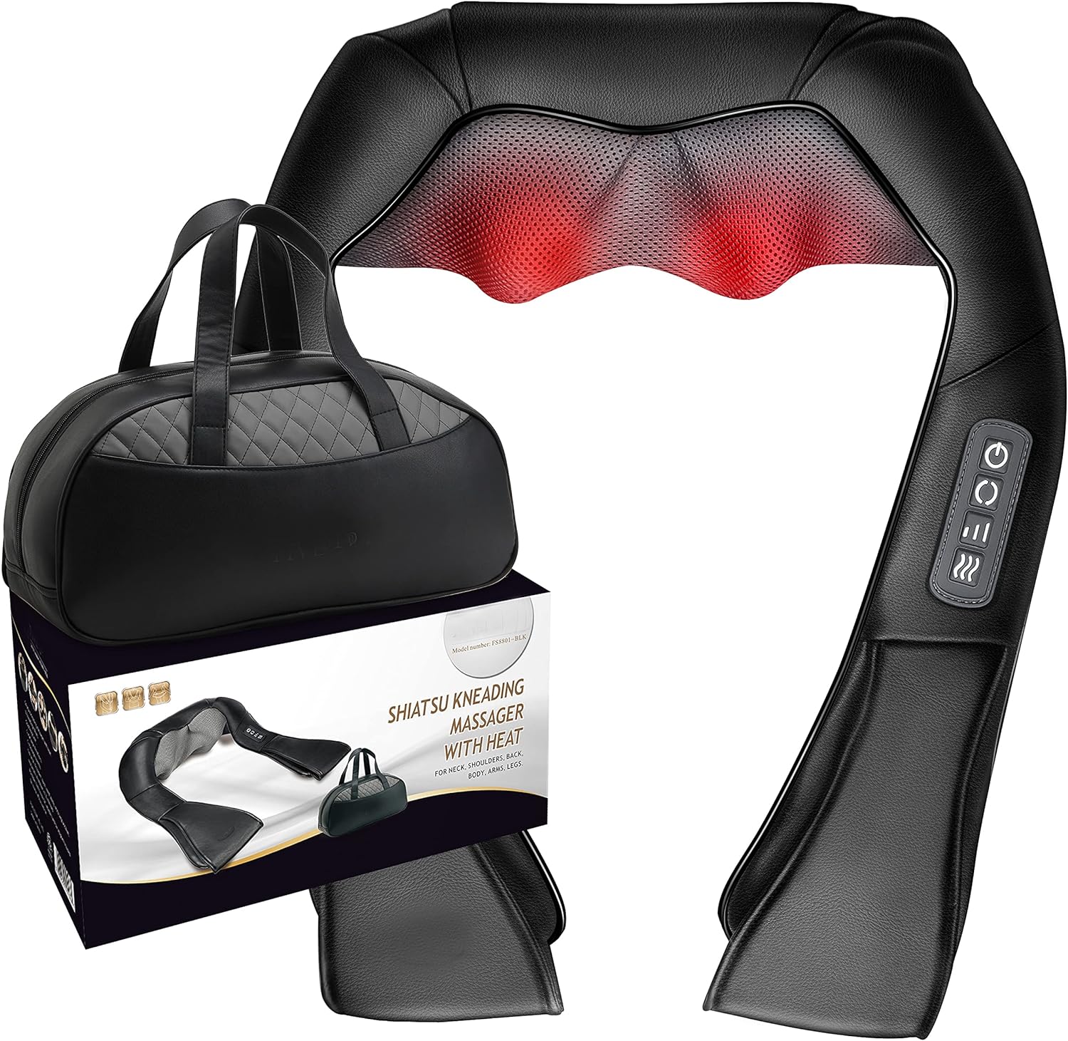 FS8801-BLK Shiatsu Neck and Back Massager with Heat Deep Kneading Massage for Neck, Shoulders, Back, Legs, Feet for Home, Office, Car - Black