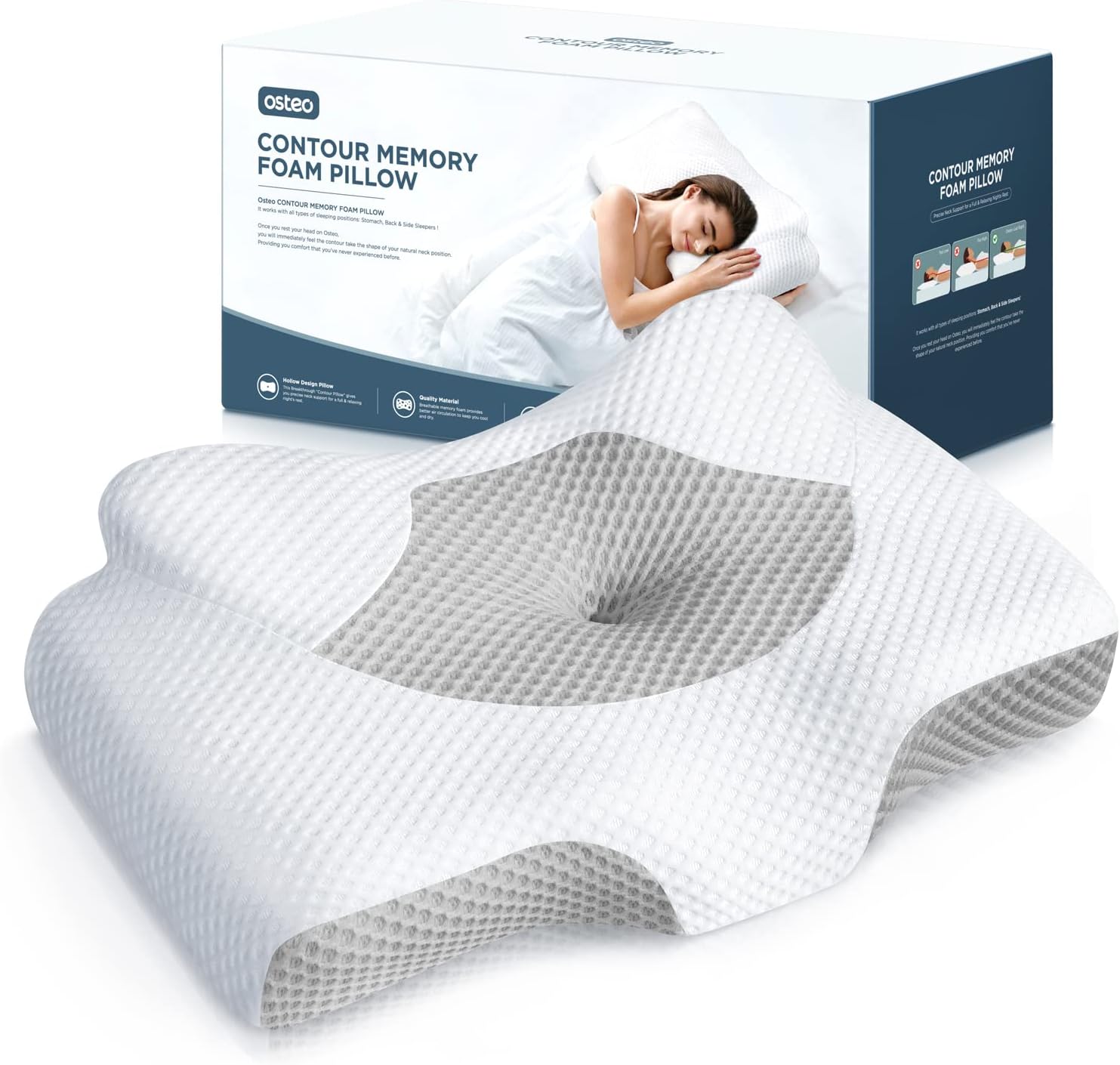 Cervical Pillow for Neck Pain Relief, Hollow Design Odorless Memory Foam Pillows with Cooling Case, Adjustable Orthopedic Bed Pillow for Sleeping, Contour Support for Side Back Stomach Sleepers