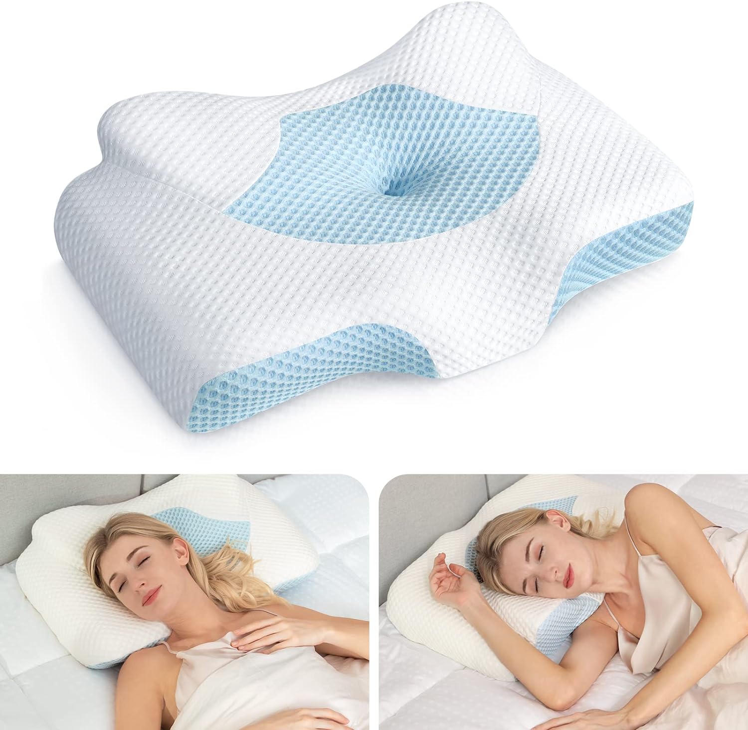 Cervical Pillow for Neck Pain Relief, Hollow Design Odorless Memory Foam Pillows with Cooling Case, Adjustable Orthopedic Bed Pillow for Sleeping, Contour Support for