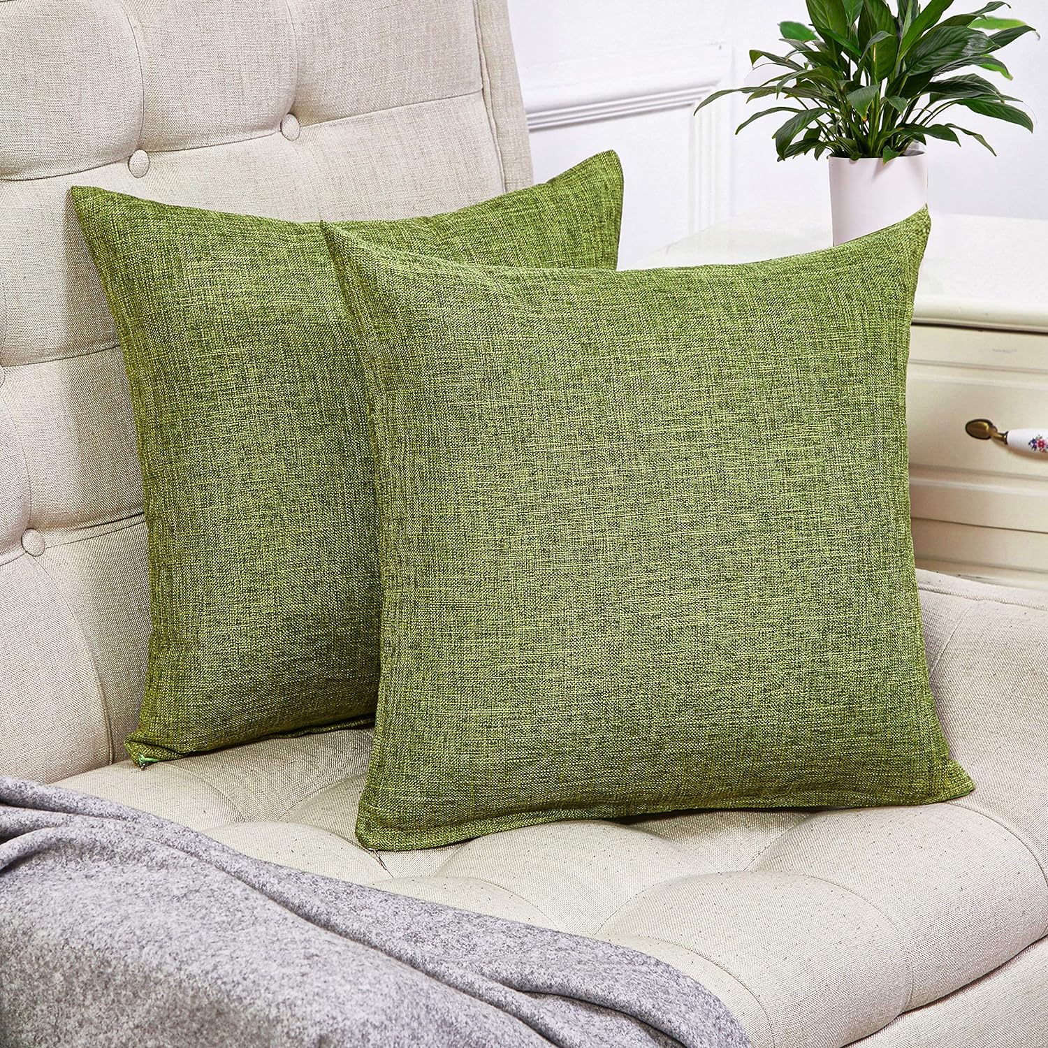 Anickal Set of 2 Green Pillow Covers Rustic Linen Decorative Square Throw Pillow Covers 18x18 Inch for Sofa Couch Decoration