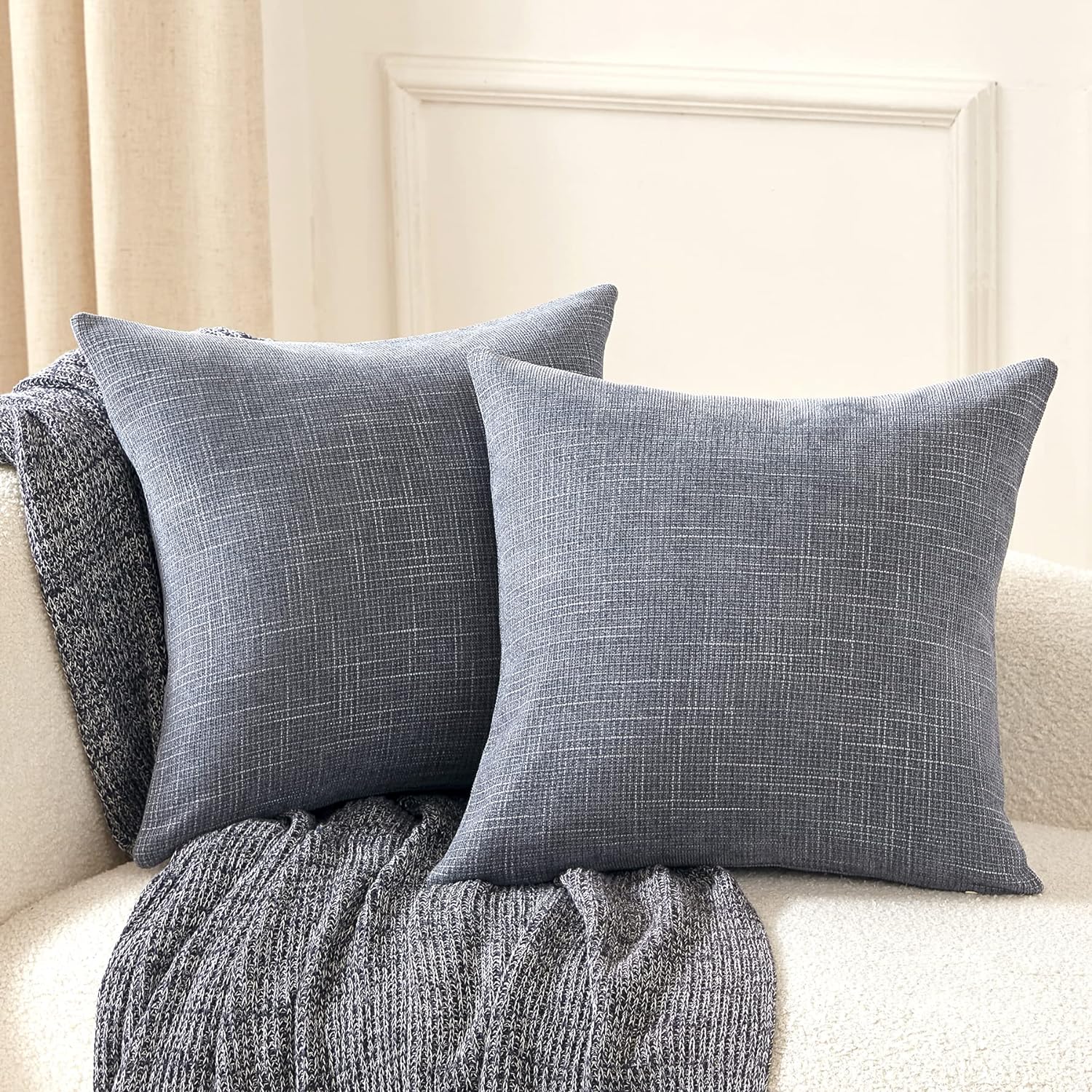 Anickal Gray Blue Pillow Covers 18x18 Inch Set of 2 Rustic Farmhouse Chenille Decorative Throw Pillow Covers Square Cushion Case for Home Sofa Couch Decoration