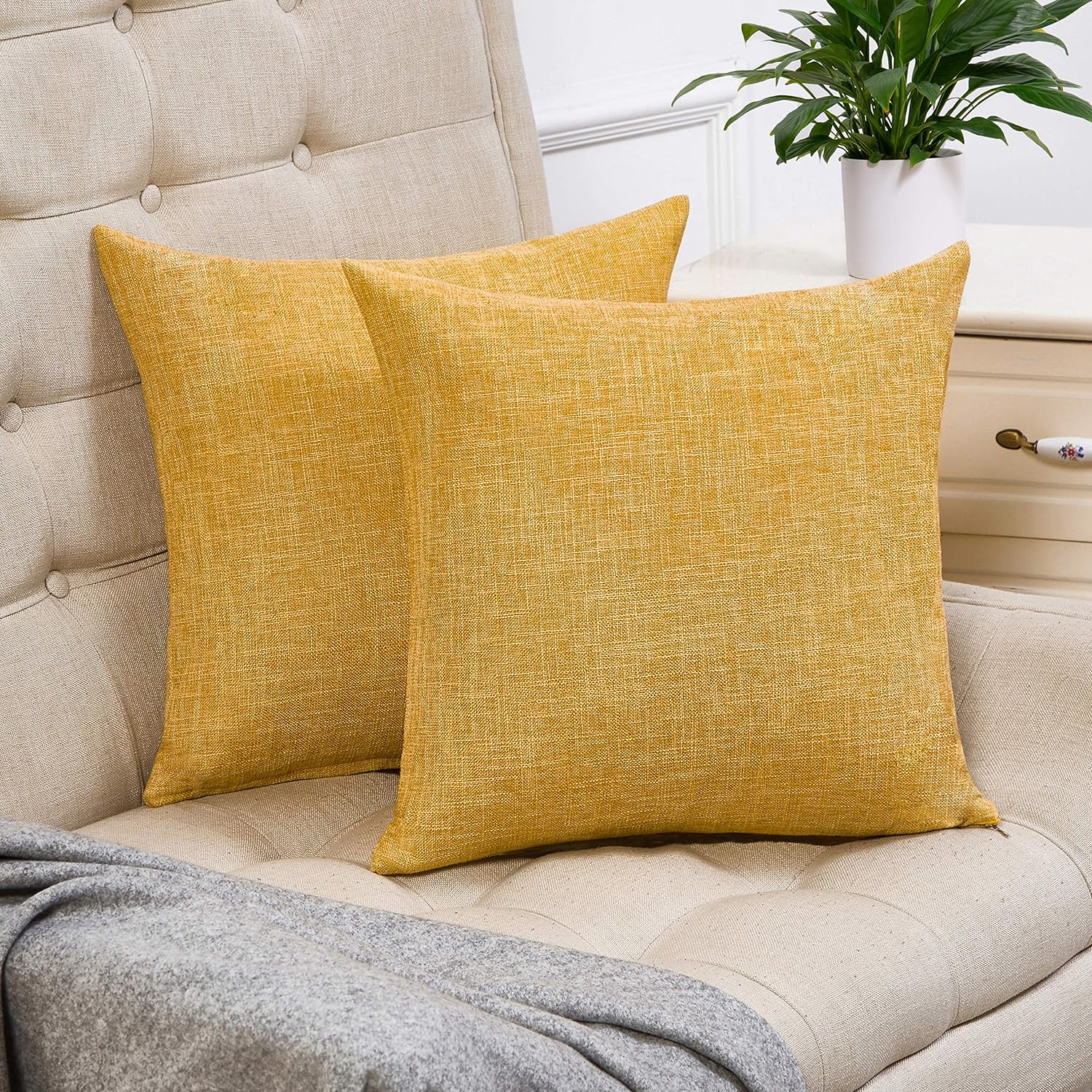 Anickal Set of 2 Mustard Yellow Pillow Covers Rustic Linen Decorative Square Throw Pillow Covers 16x16 Inch for Sofa Couch Decoration