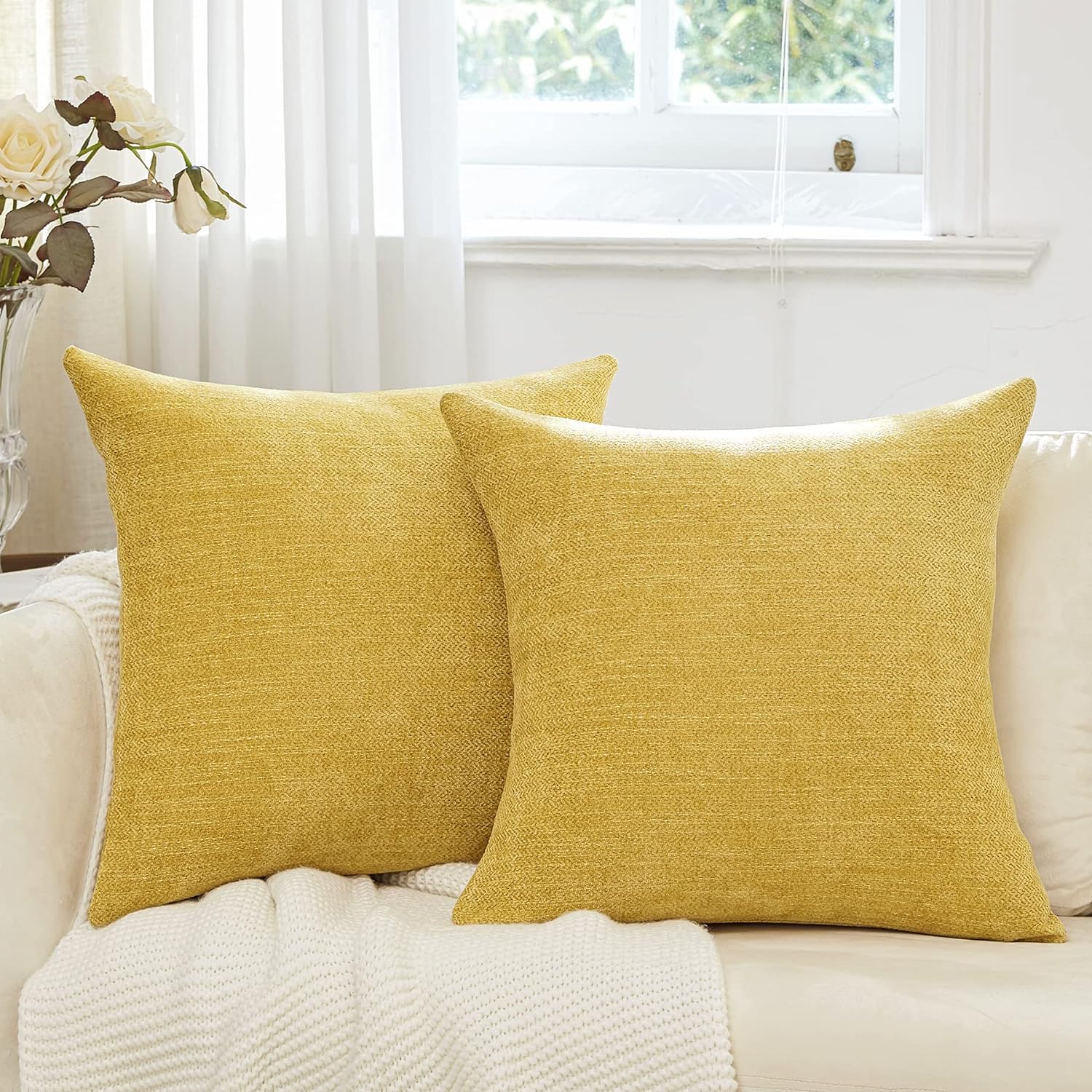 Anickal Pillow Covers Set of 2 Medium Decorative Throw Pillow Covers Square Accent Cushion Case for Couch Sofa Living Room Farmhouse Home Decoration(Gold Yellow, 18 x 18-Inch)