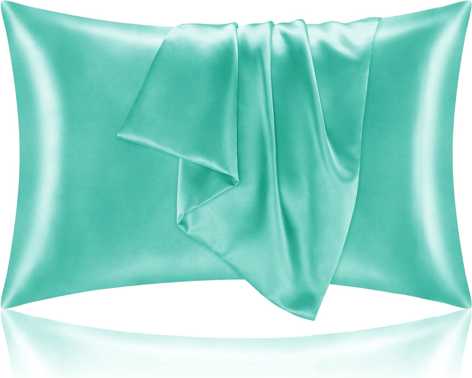 BEDELITE Satin Pillowcase for Hair and Skin, Turquoise Pillow Cases Standard Size Set of 2 Pack, Super Soft Pillow Case with Envelope Closure (20x26 Inches)