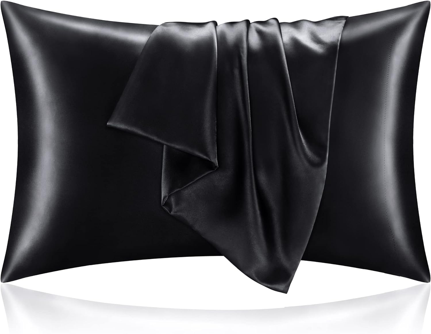 BEDELITE Satin Pillowcase for Hair and Skin, Black Pillow Cases Standard Size Set of 2 Pack, Super Soft Pillow Case with Envelope Closure (20x26 Inches)