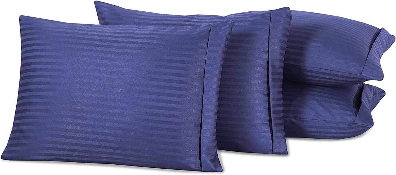 4 Pack Blue Pillow Protectors Standard 20x26 Inches Cotton Sateen Blend Tight Weave Size High Thread Count Zippered Grey Hotel Quality Non Noisy