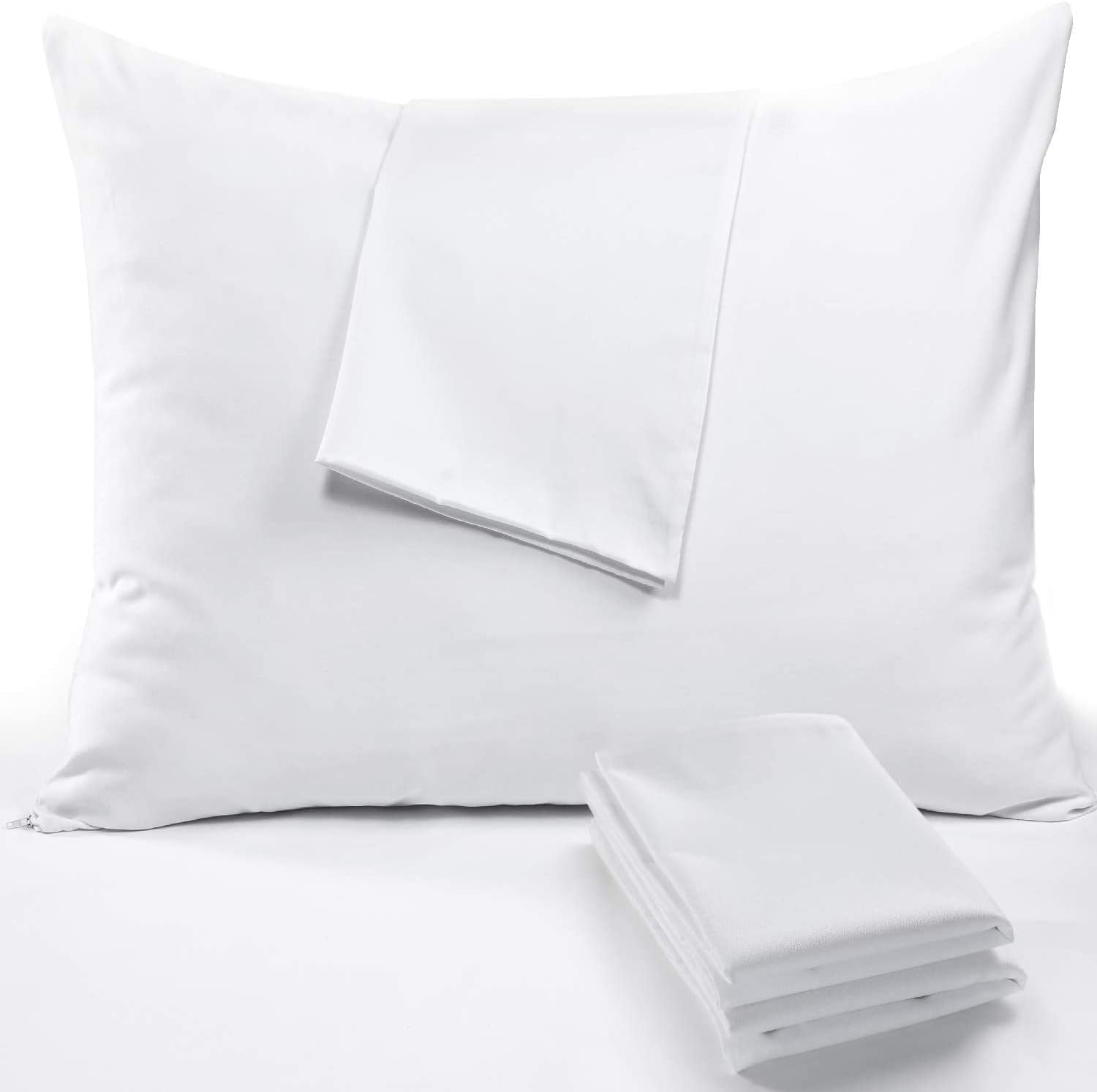 4 Pack Pillow Protectors Feather Proof Queen 20x30 Inches 3-4 Micron Pore Size Premium Cotton Sateen Blend Tight Weave Lab Tested Non Noisy Zip Covers Breathable Non Crinky