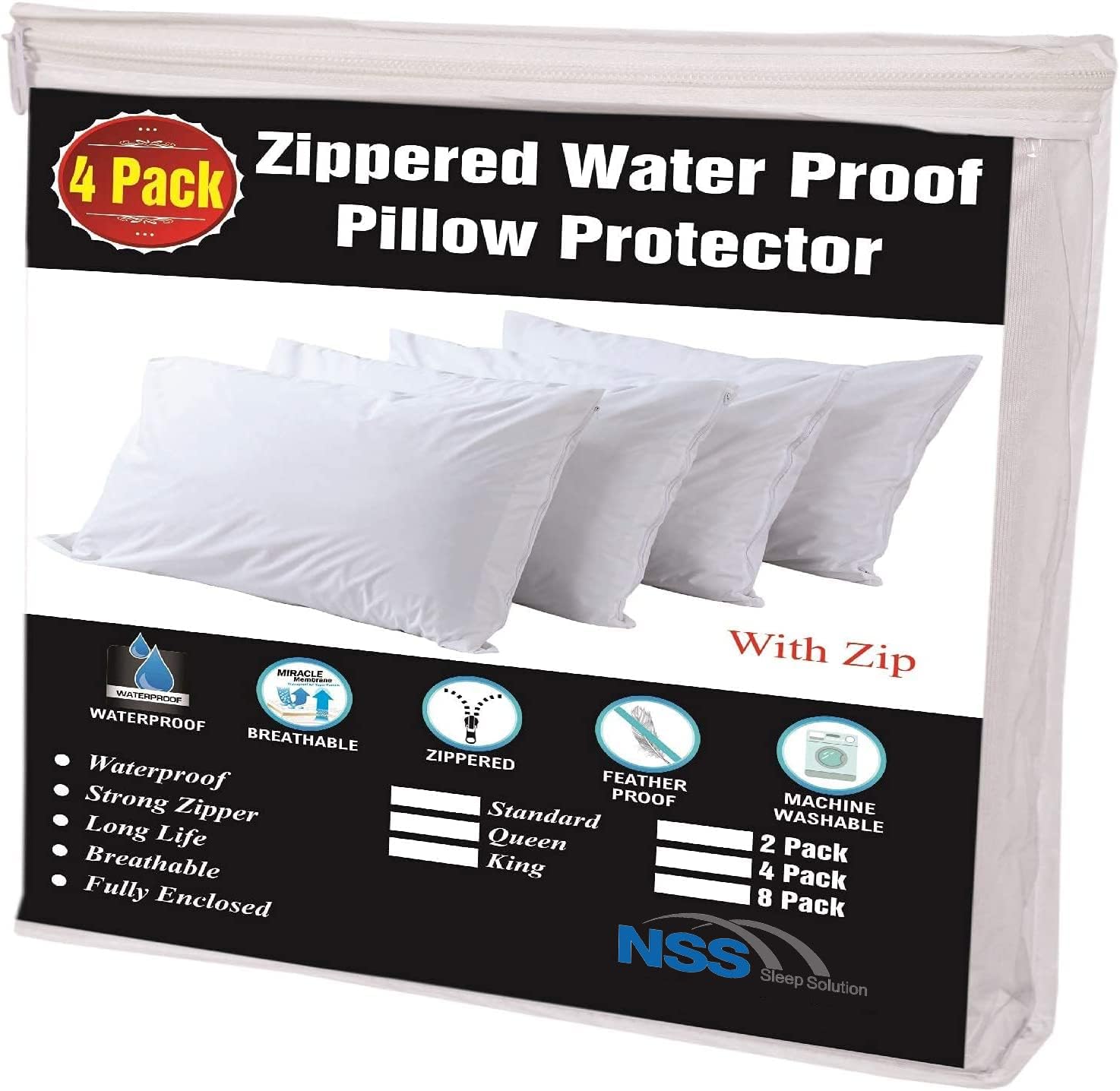 4 Pack Waterproof Pillow Protectors King 20x36 Extra Soft Non Noisy Inches Smooth Zipper Premium Encasement Covers Quiet Cases Set White 100% Liquid Protection 100Gsm Super Soft