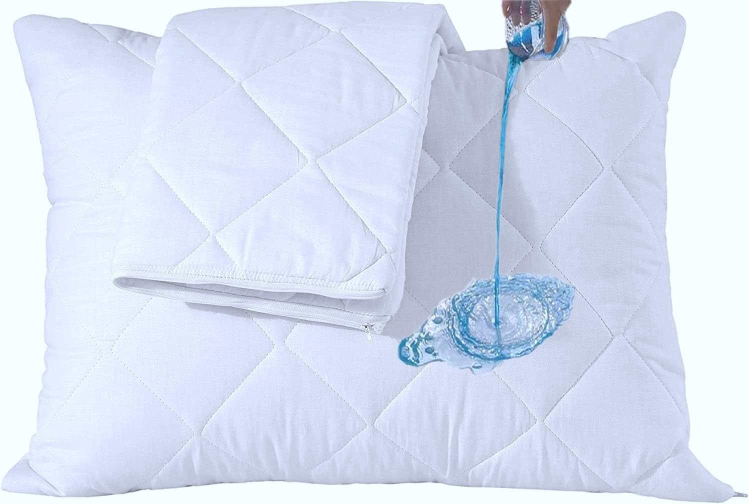 Set of 2 Waterproof Quilted Pillow Protectors Standard Size Ultra Soft Thick Pair 20x26Inches Cooling Brushed Plush White Zippered