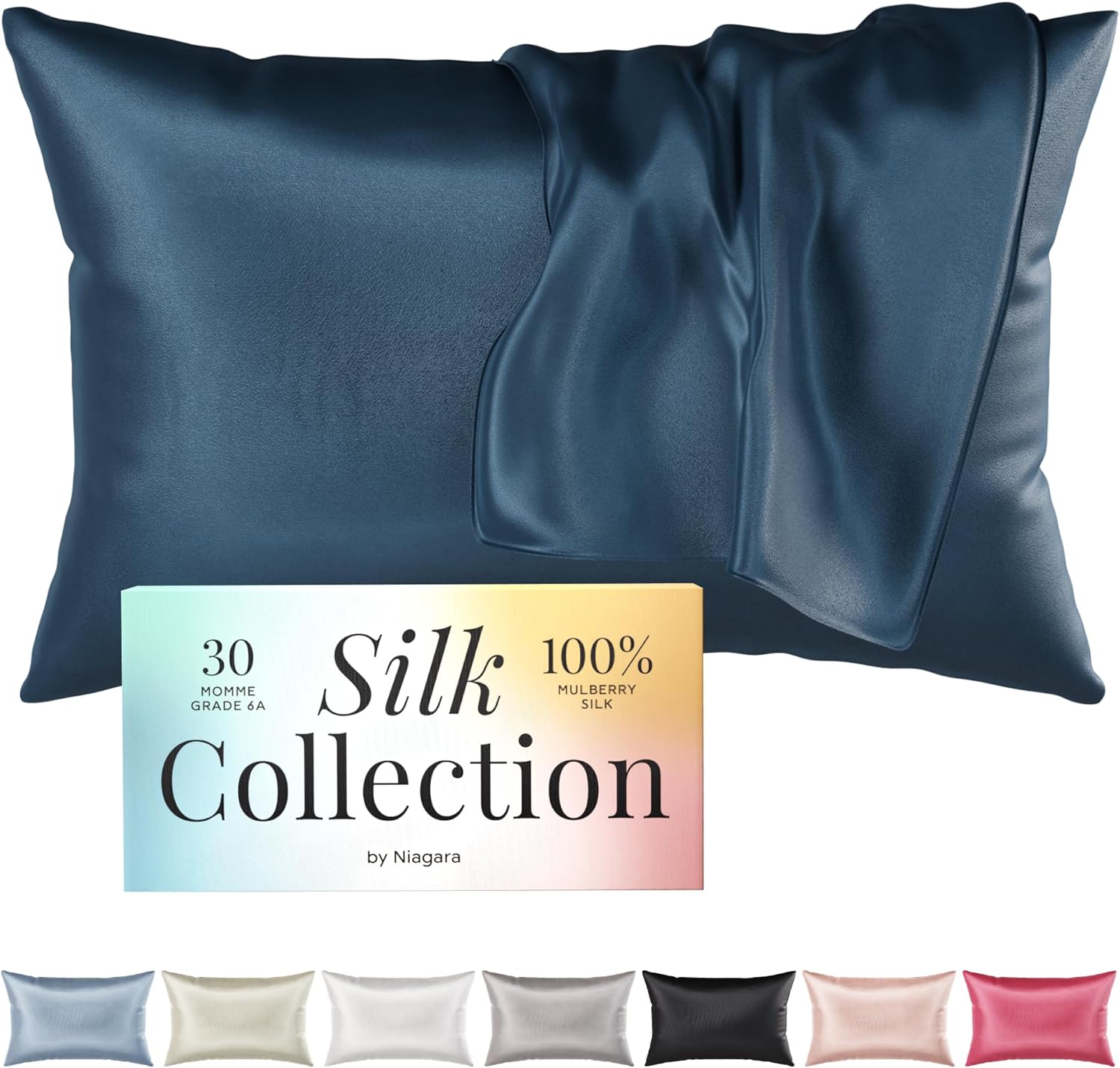 Niagara 100% Mulberry Silk Pillowcase - 30 Momme Silk Pillow case for Hair and Skin - Grade 6A Silk Pillow Cases with Zipper - Soft & Cooling Navy Blue Silk Pillowcase Queen Size (20x30)