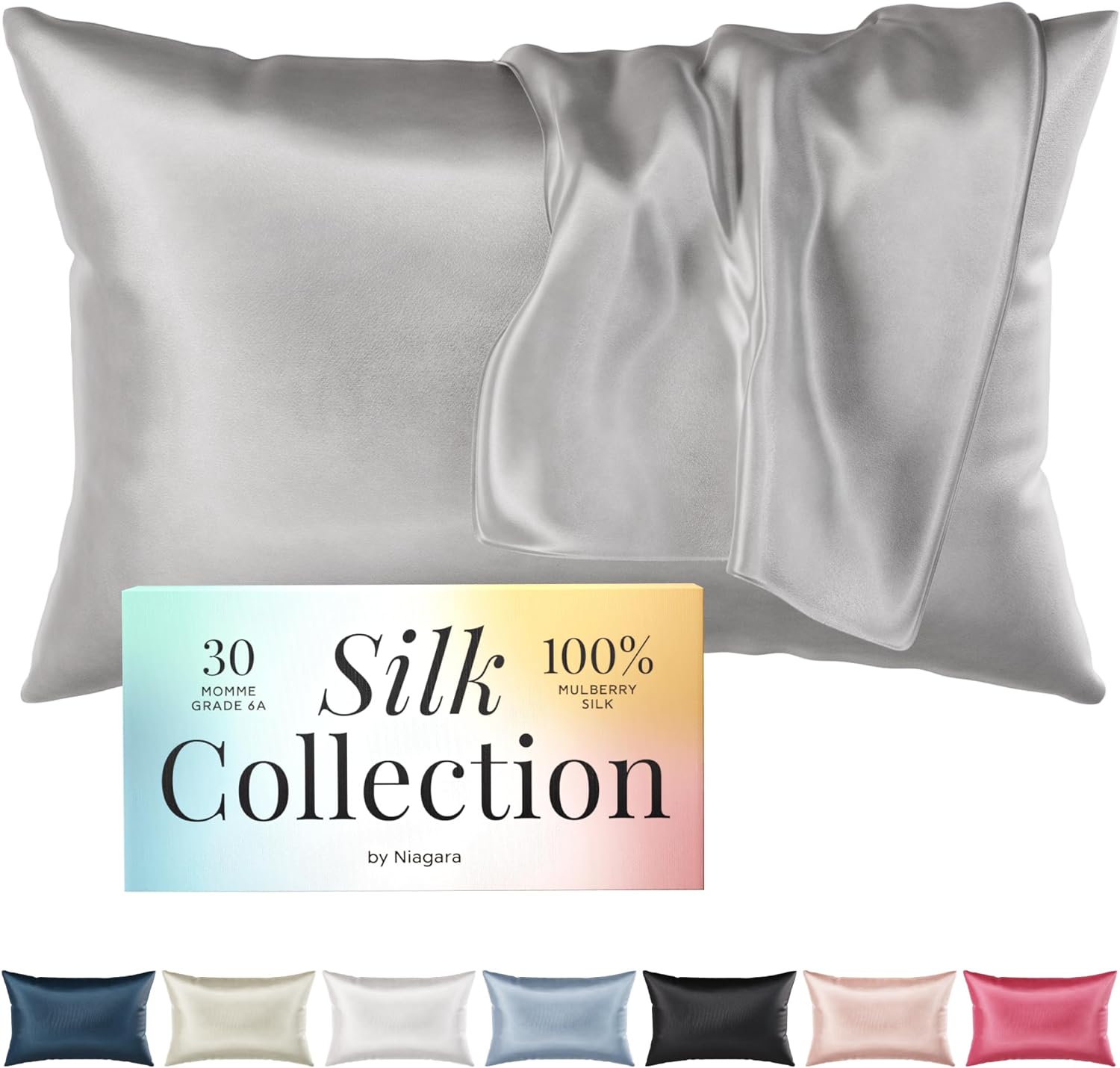 Niagara 100% Mulberry Silk Pillowcase - 30 Momme Silk Pillow case for Hair and Skin - Grade 6A Silk Pillow Cases with Zipper - Soft & Cooling Grey Silk Pillowcase Queen Size (20x30)