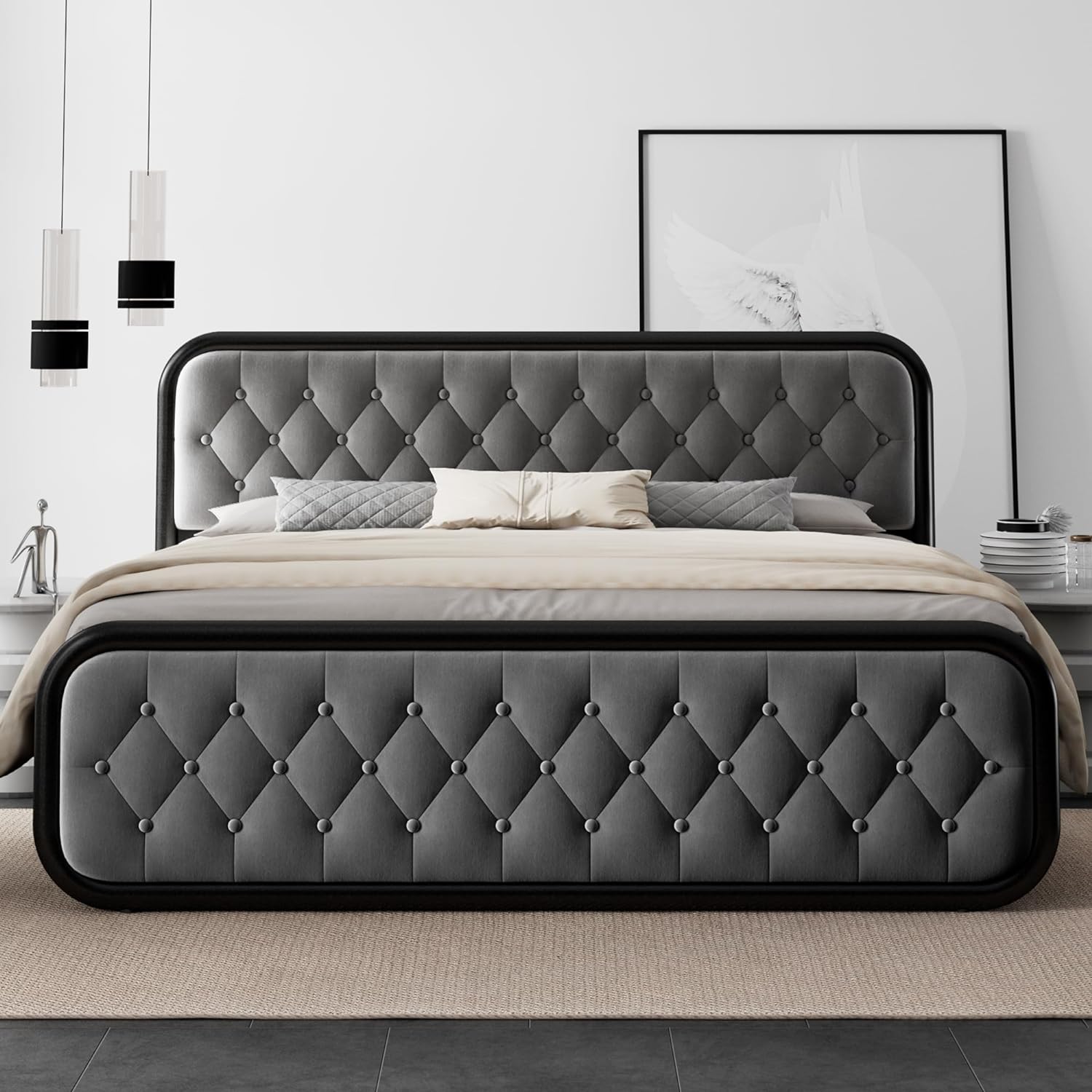 Feonase King Size Bed Frame, Upholstered Platform Bed with Buton Tufted Headboard, Modern Bed Frame with Strong Metal Slats, 12 Under-Bed Storage, Noise-Free, Easy Assembly, Grey