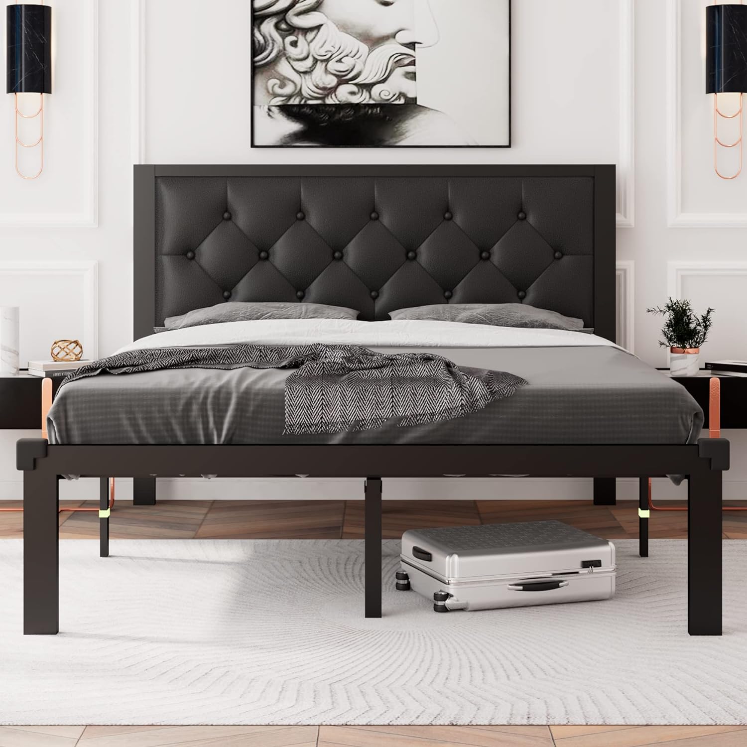 Feonase Full Size Metal Bed Frame with Faux Leather Button Tufted Headboard, Heavy-Duty Platform Bed Frame with 12 Storage, Steel Slats Support, No Box Spring Needed, Noise Free, Black