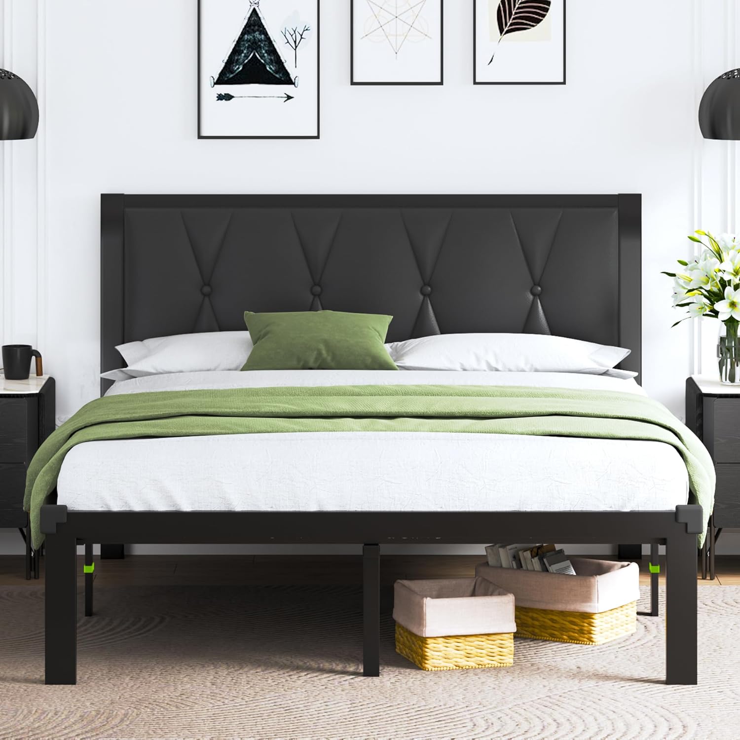 Feonase Queen Size Metal Bed Frame with Faux Leather Button Tufted Headboard, Platform Bed Frame with Heavy Duty Metal Slats, 12 Storage Space, Noise Free, No Box Spring Needed, Black