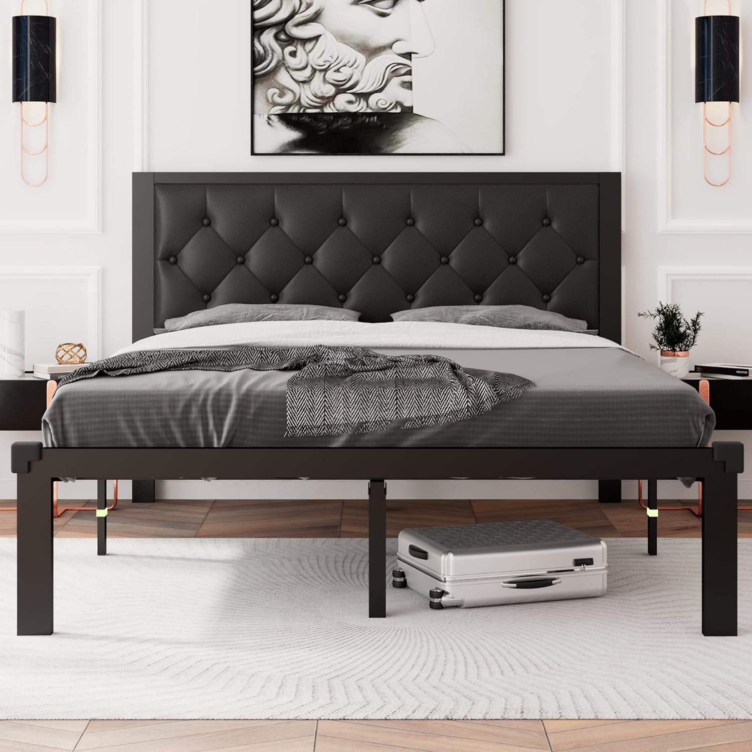 Feonase Queen Size Metal Bed Frame with Faux Leather Button Tufted Headboard, Heavy-Duty Platform Bed Frame with 12 Storage, Steel Slats Support, No Box Spring Needed, Noise Free, Black