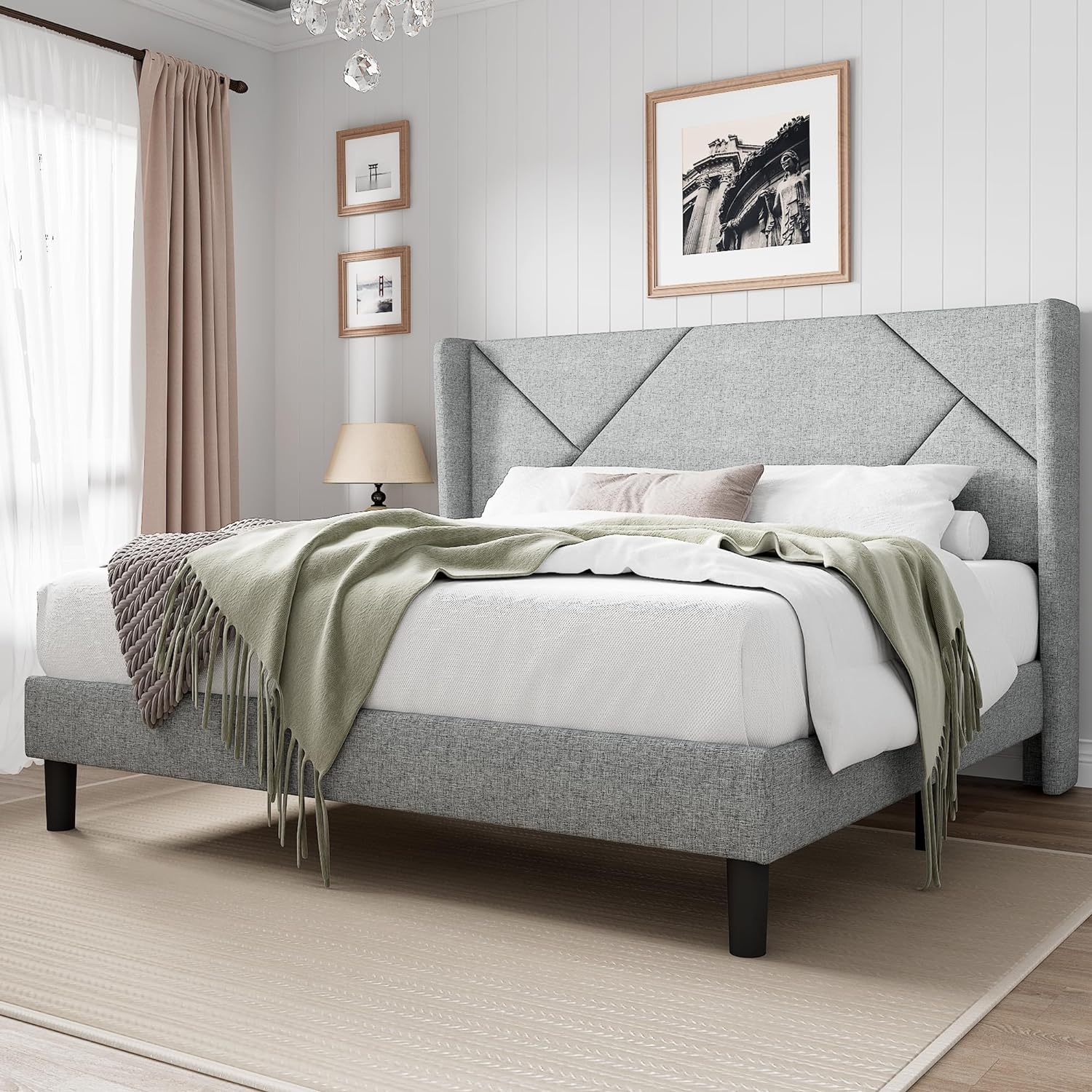 Feonase King Mordern Bed Frame with Wingback, Minimalist Upholstered Platform Bed, 8 Storage Space, No Box Spring Needed, Easy Assembly, Noise-Free, Light Gray